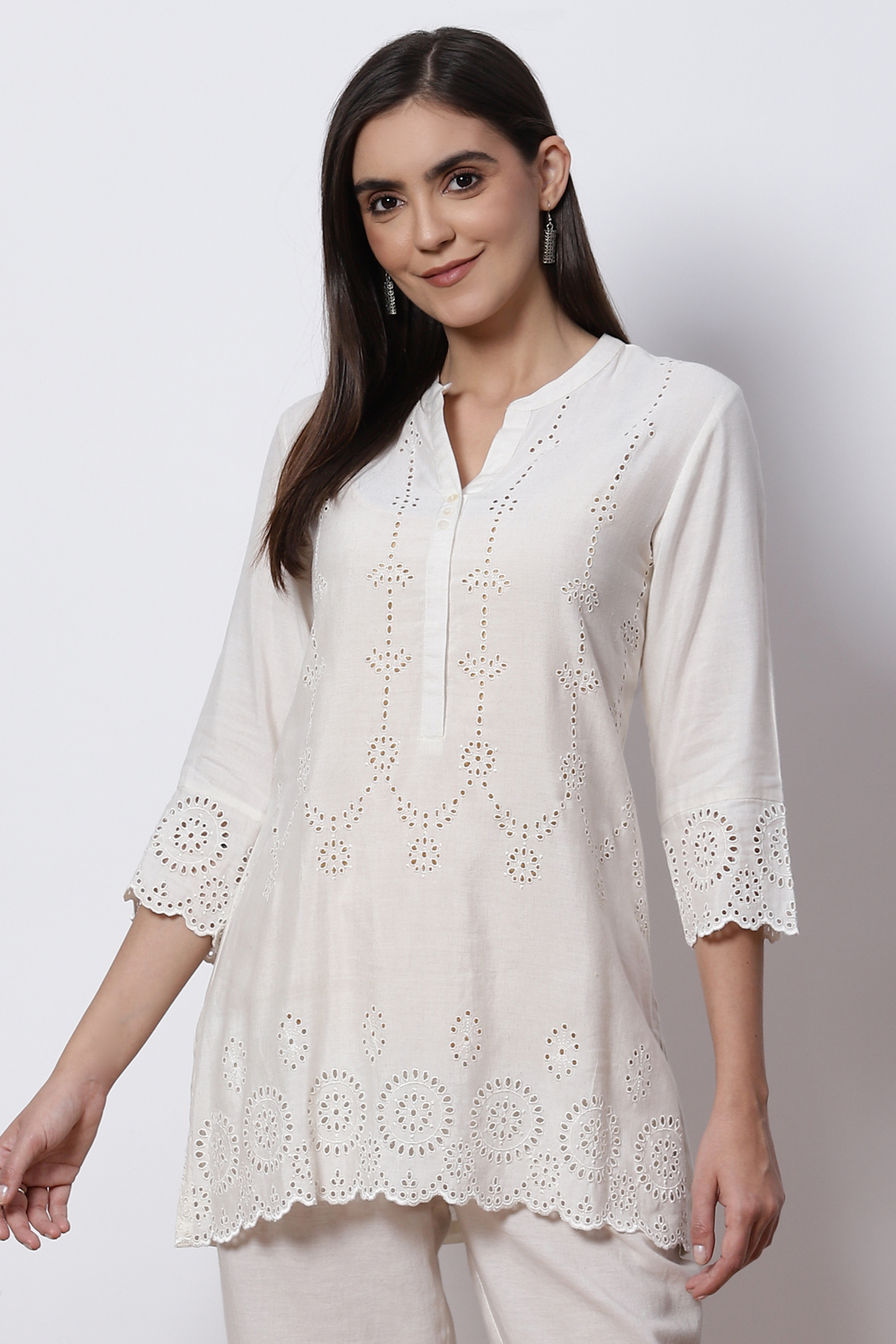 Natural White LIVA Short Solid Kurti image number 0