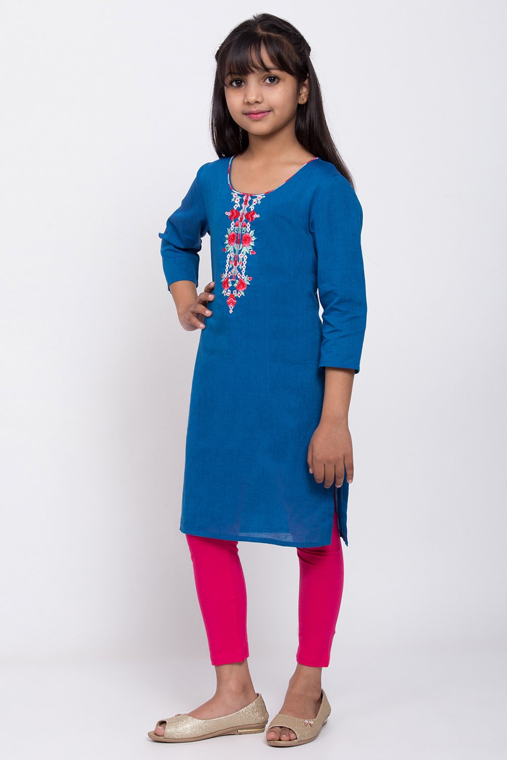 Blue Cotton Straight Kurta Legging Suit Set image number 2