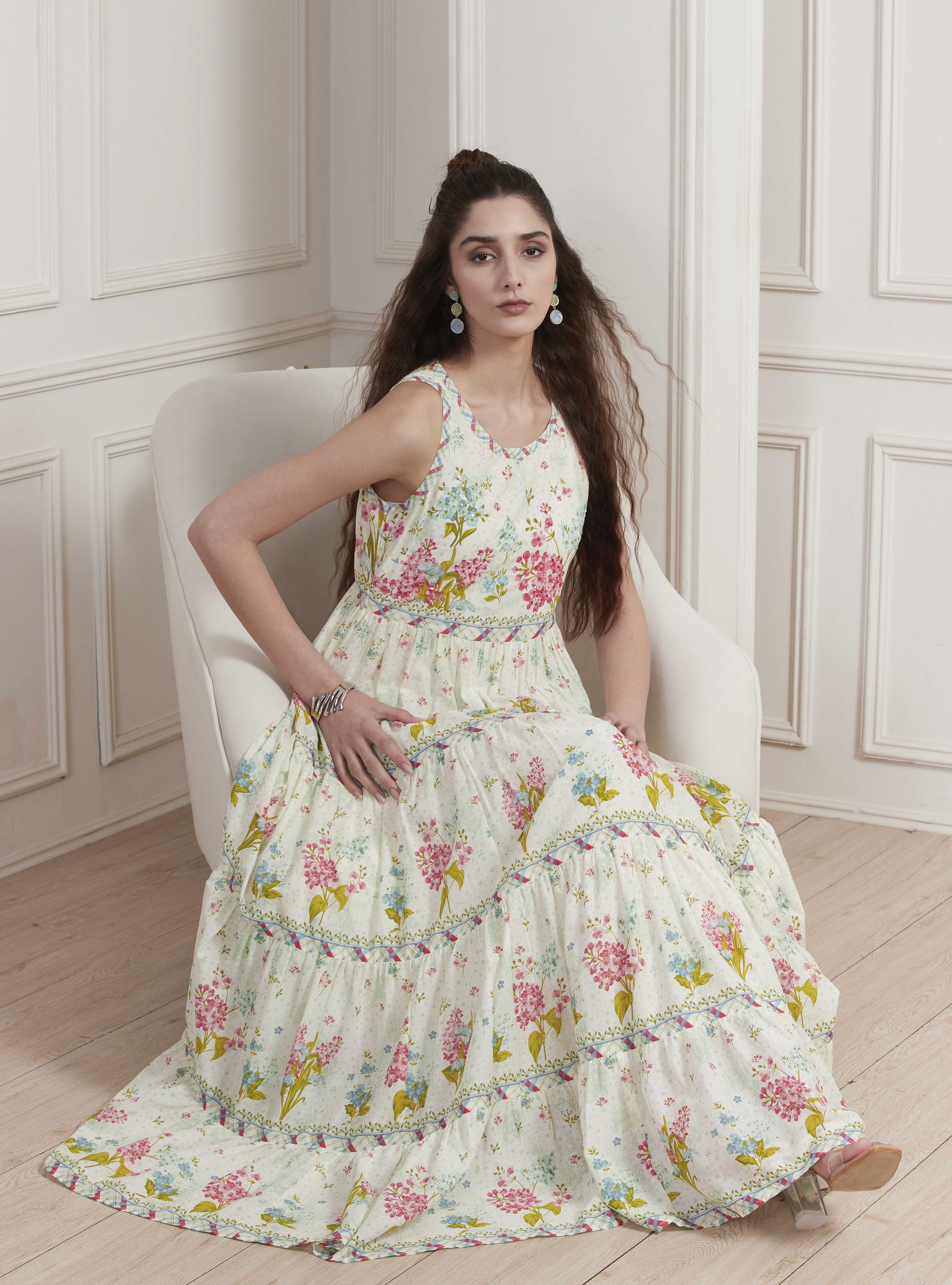 Off-White Cotton Printed Tiered Dress image number 0