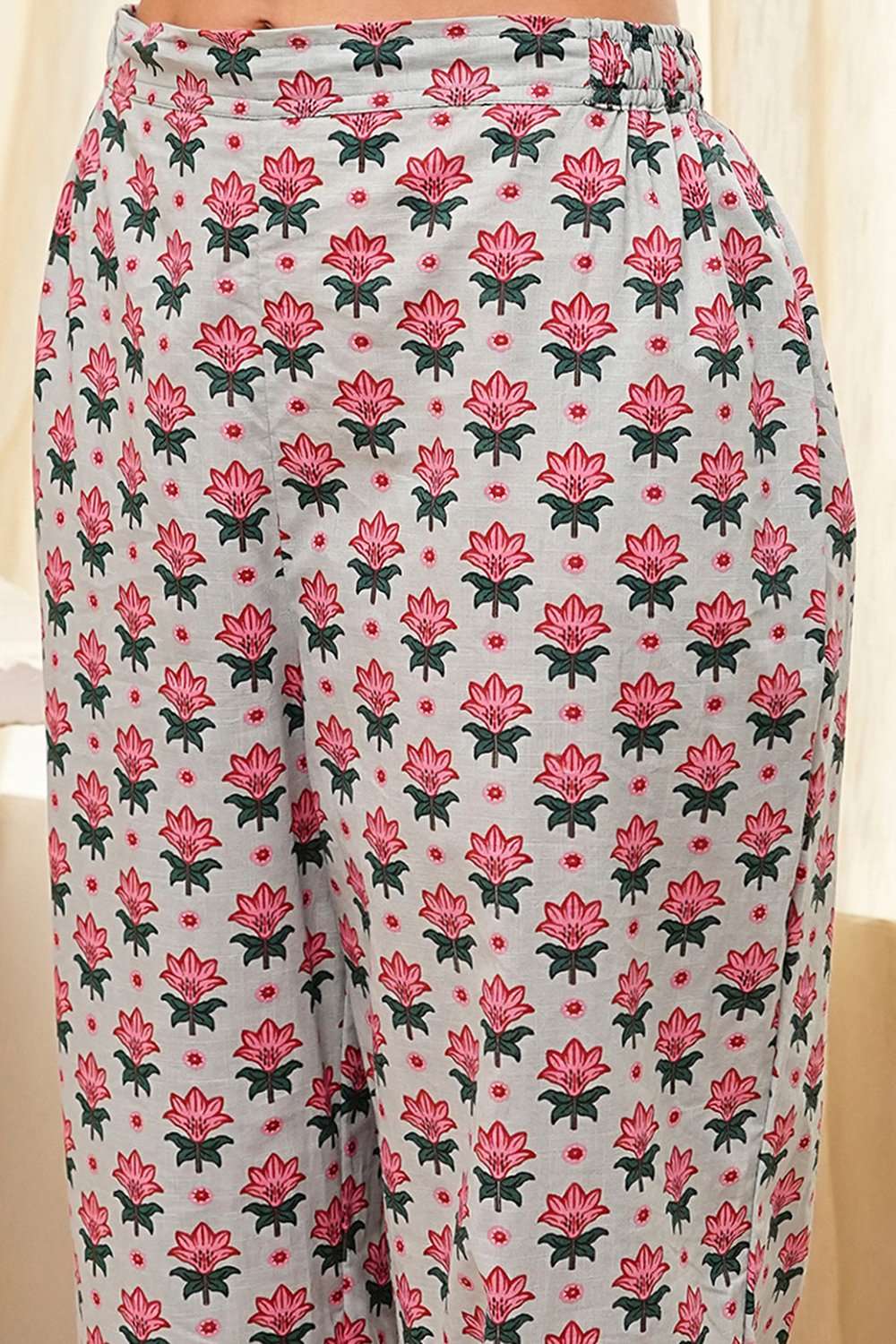 Blue and Pink Cotton Printed Straight Kurta Set image number 2