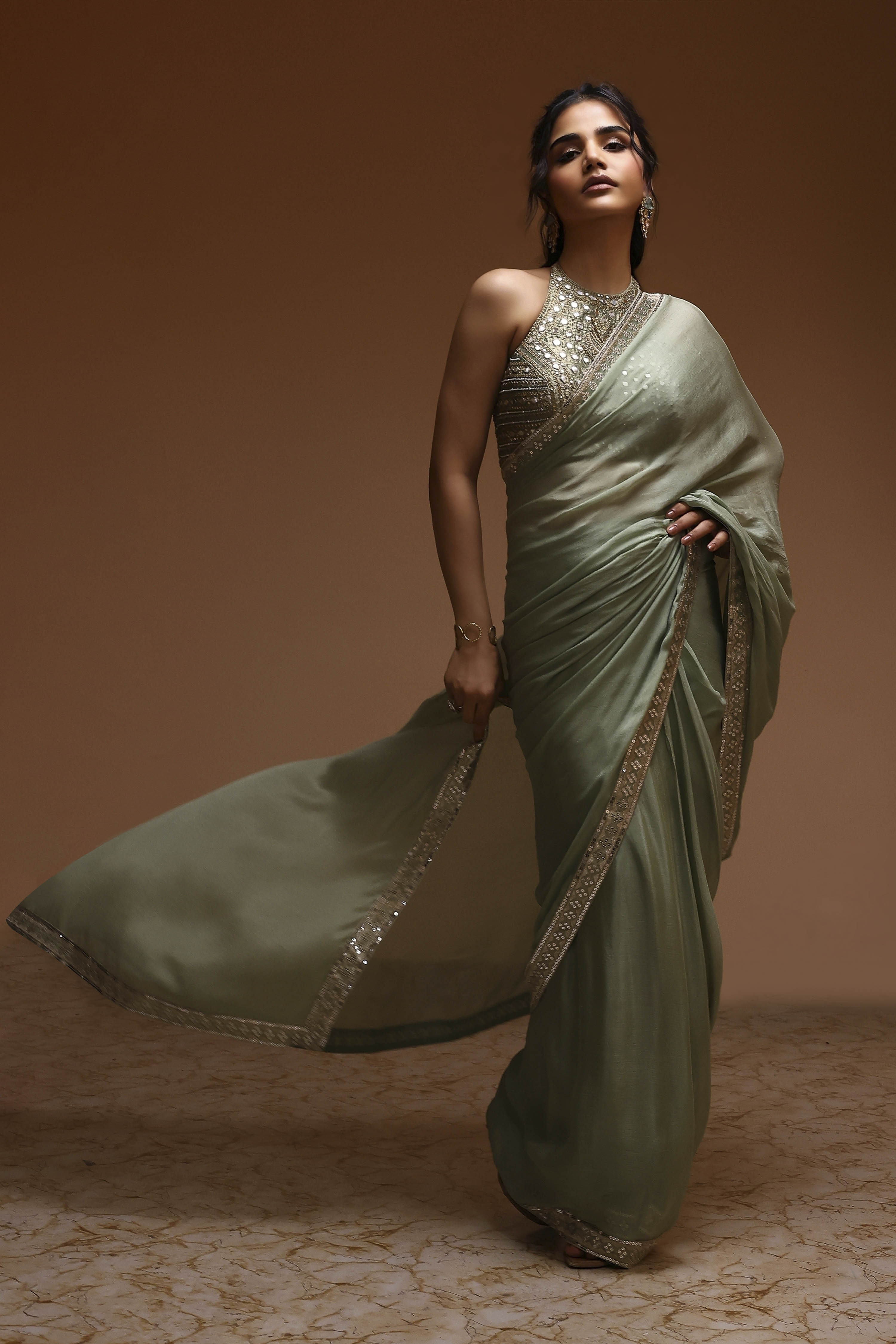Sage Green Pure Chinnon Pre-Draped Saree image number 0