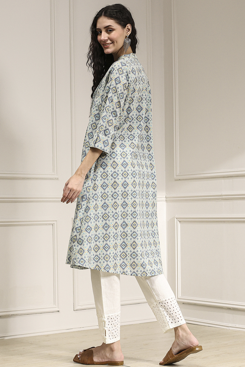 Blue Cotton Printed A-Line Kurta image number 3