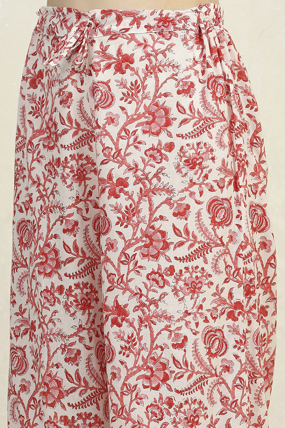 White Pink Cotton Hand Block Print Unstitched Suit Set image number 3