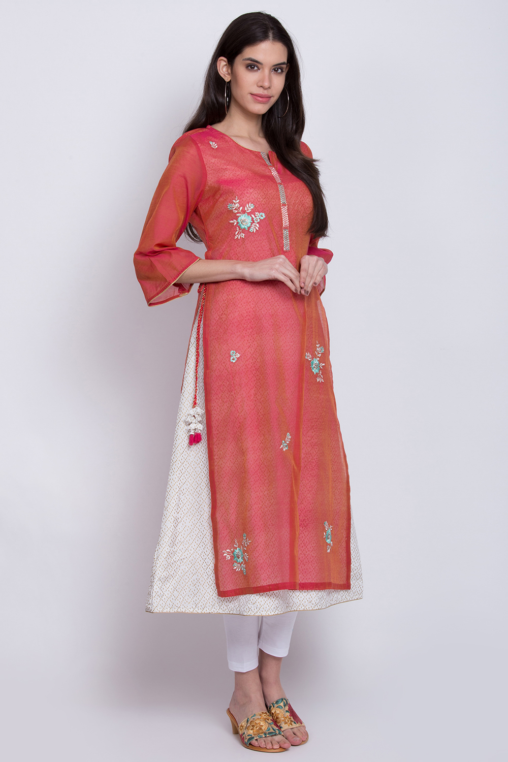 Pink Poly Cotton Flared Yarndyed Kurta image number 3