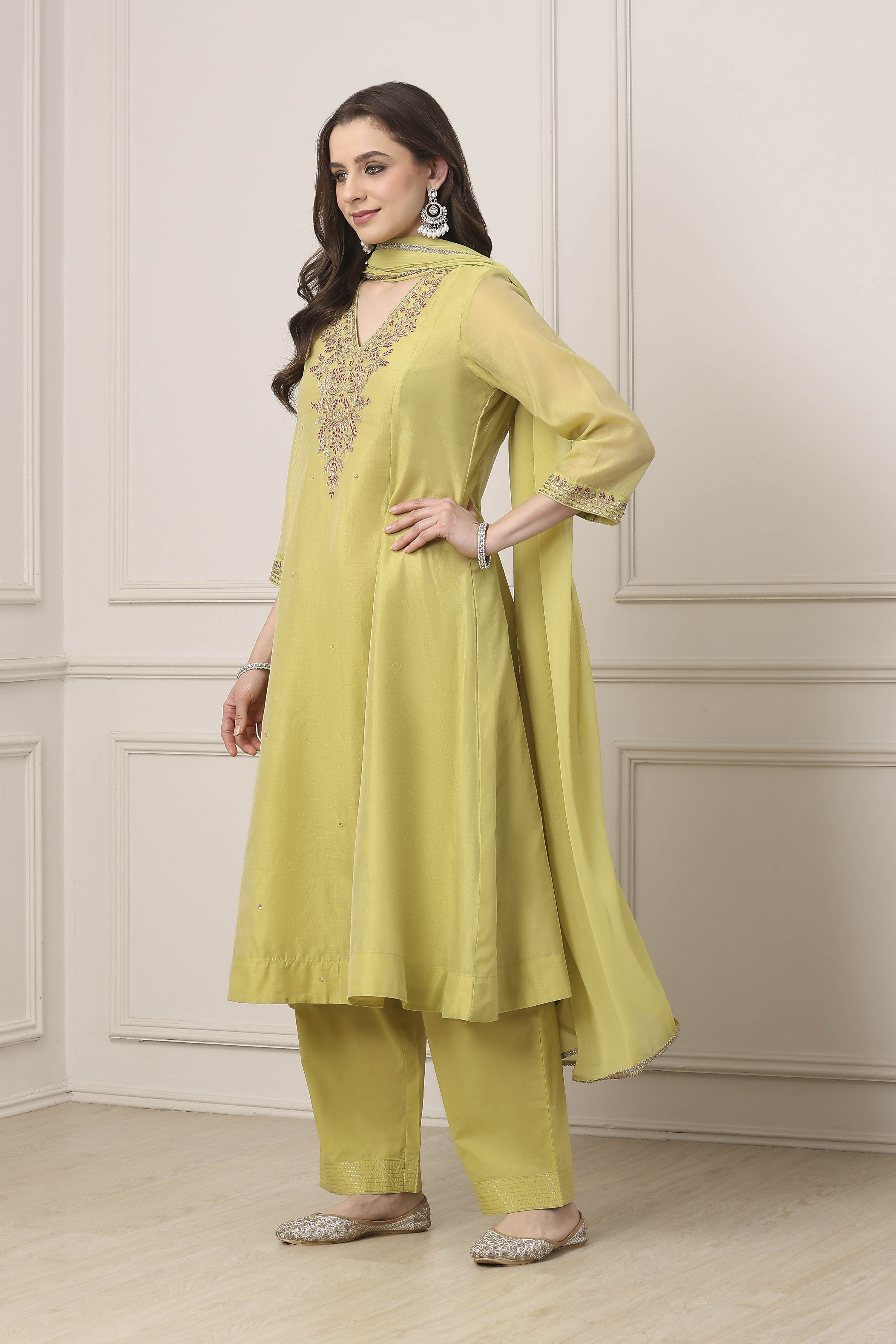 Green Poly Chanderi Sequined Kalidar Suit Set image number 3