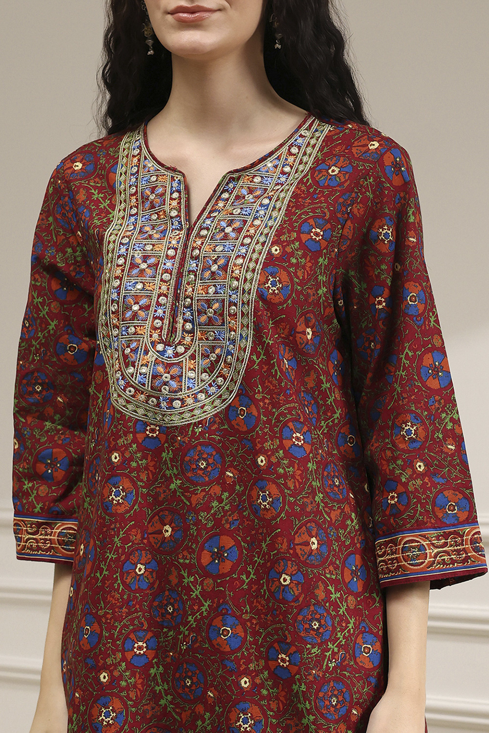 Rust and Blue Cotton Printed A-Line Suit Set image number 1