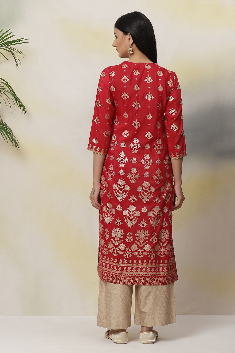 Red Art Silk Straight Printed Kurta image number 5