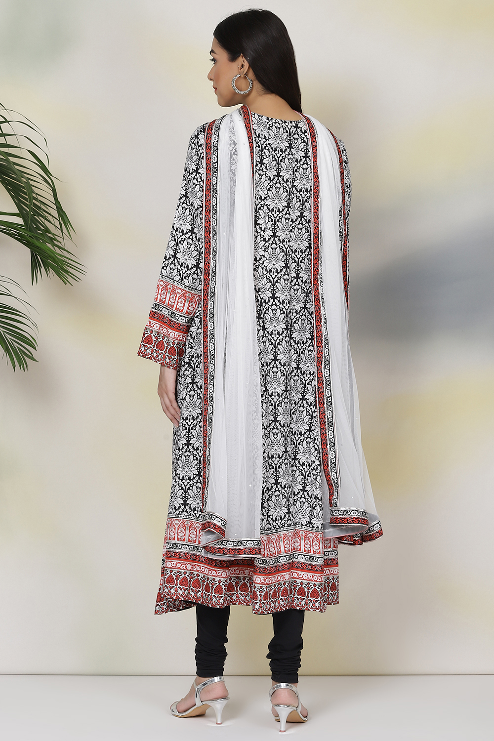 Black And White Rayon Kalidar Kurta Churidar Suit Set image number 6