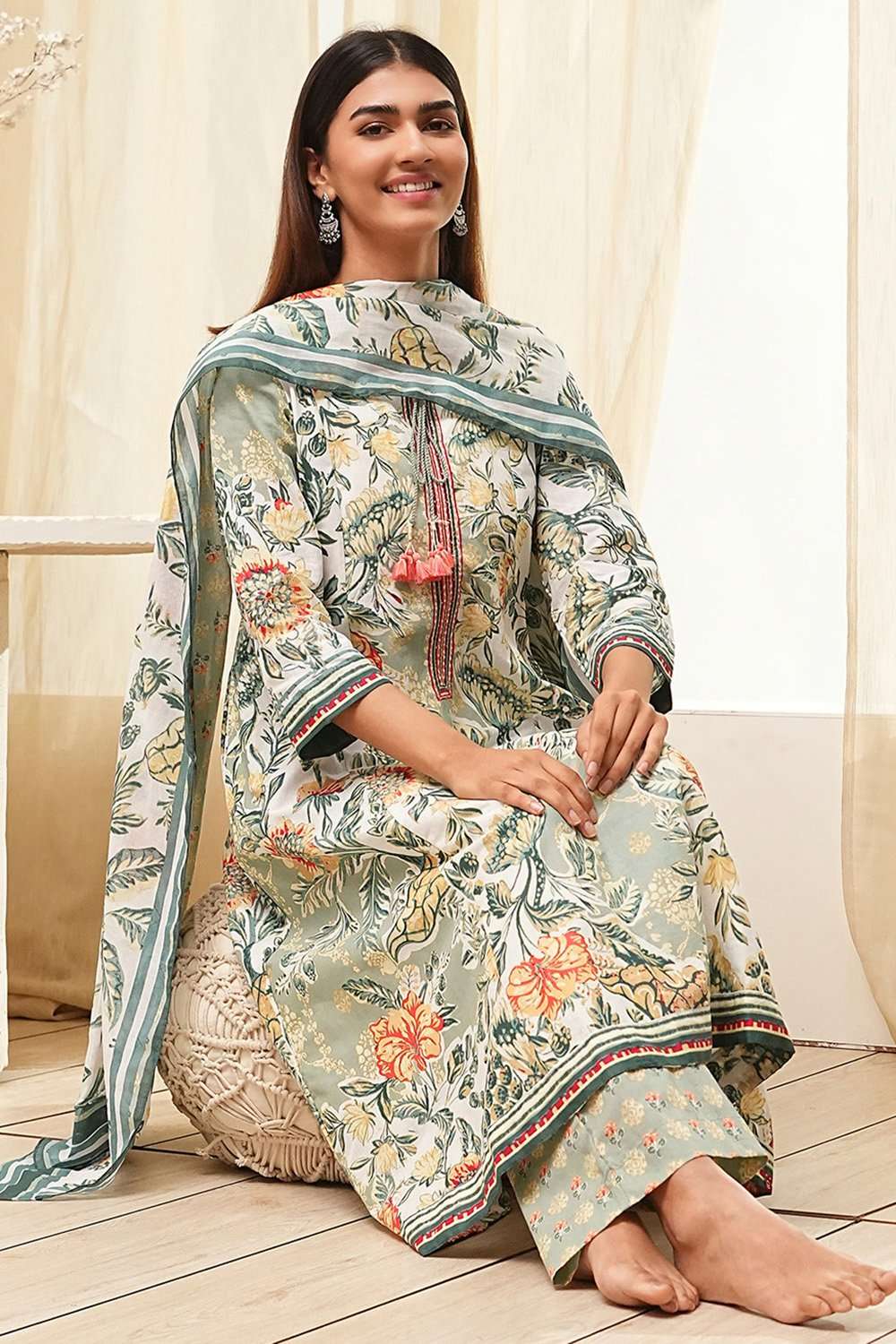 Sage Green Pure Cotton Floral Kalidar Suit Set image number 0