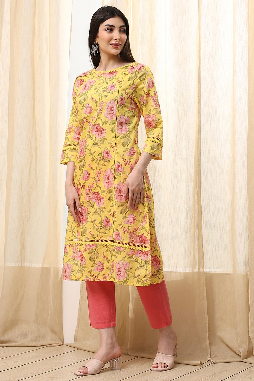 Pink Cotton Straight Printed Kurta image number 2