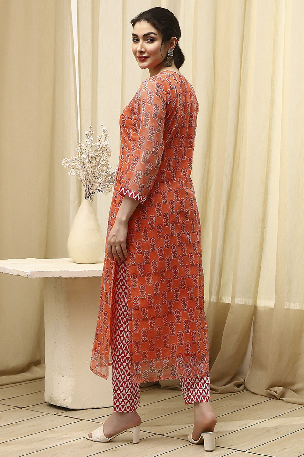 Yellow Cotton Hand Block Print Unstitched Suit Set image number 5