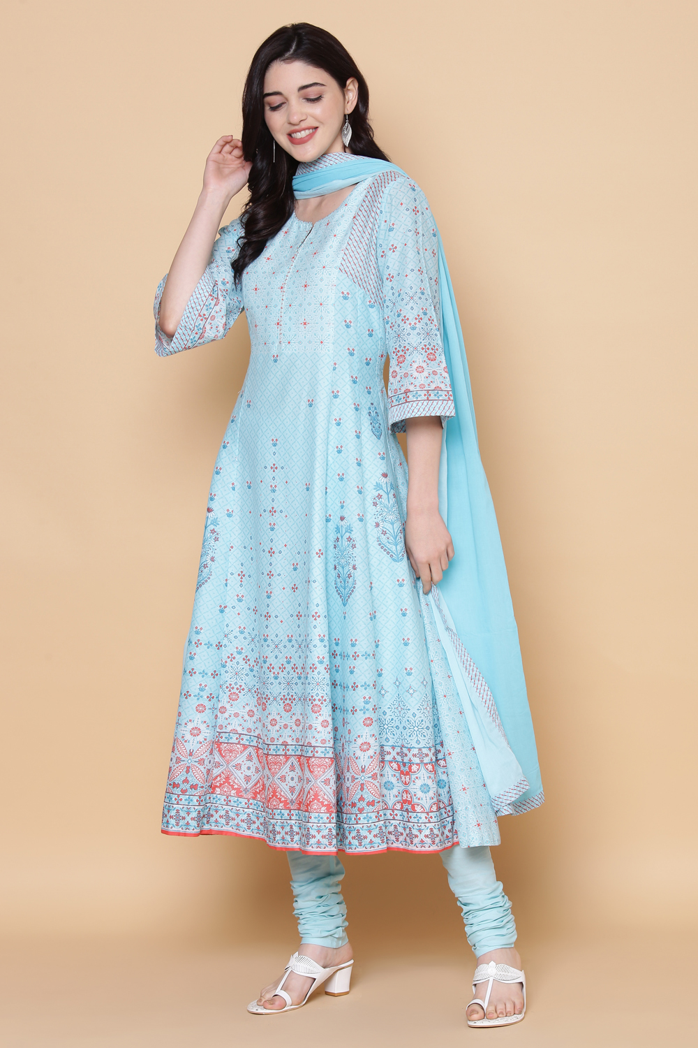 Turquoise Cotton Kalidar Kurta Churidar Suit Set image number 5