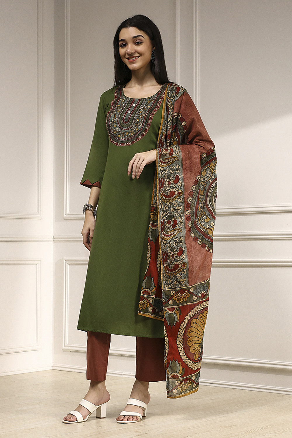 Green Cotton Hand Block Print Unstitched Suit Set image number 4