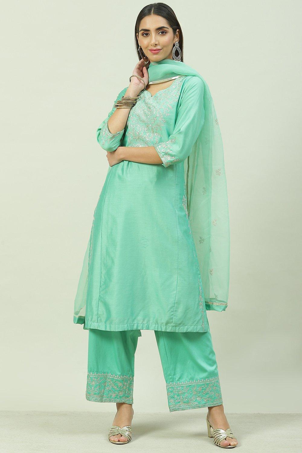 Sea Green Cotton Silk A-Line Kurta Palazzo Suit Set image number 7