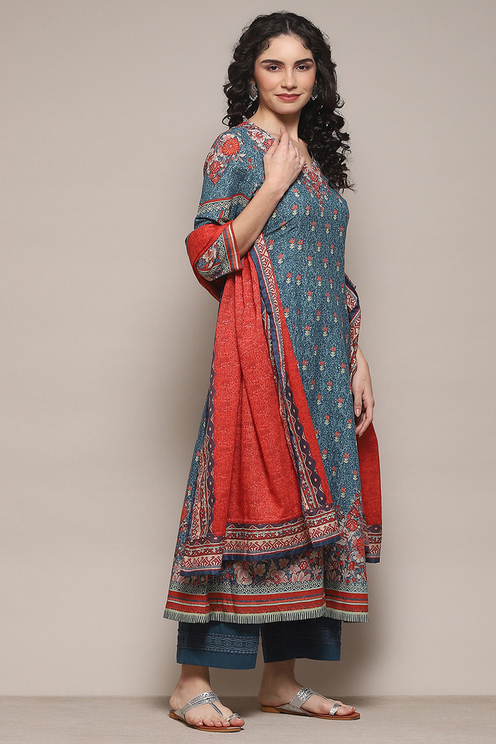 Red Cambric Kalidar Printed Kurta Palazzo Suit Set image number 6