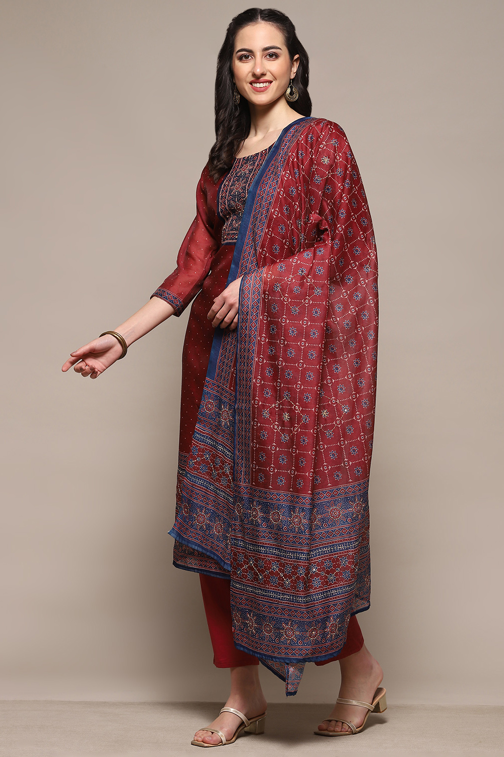 Red Chanderi Unstitched Suit Set image number 5