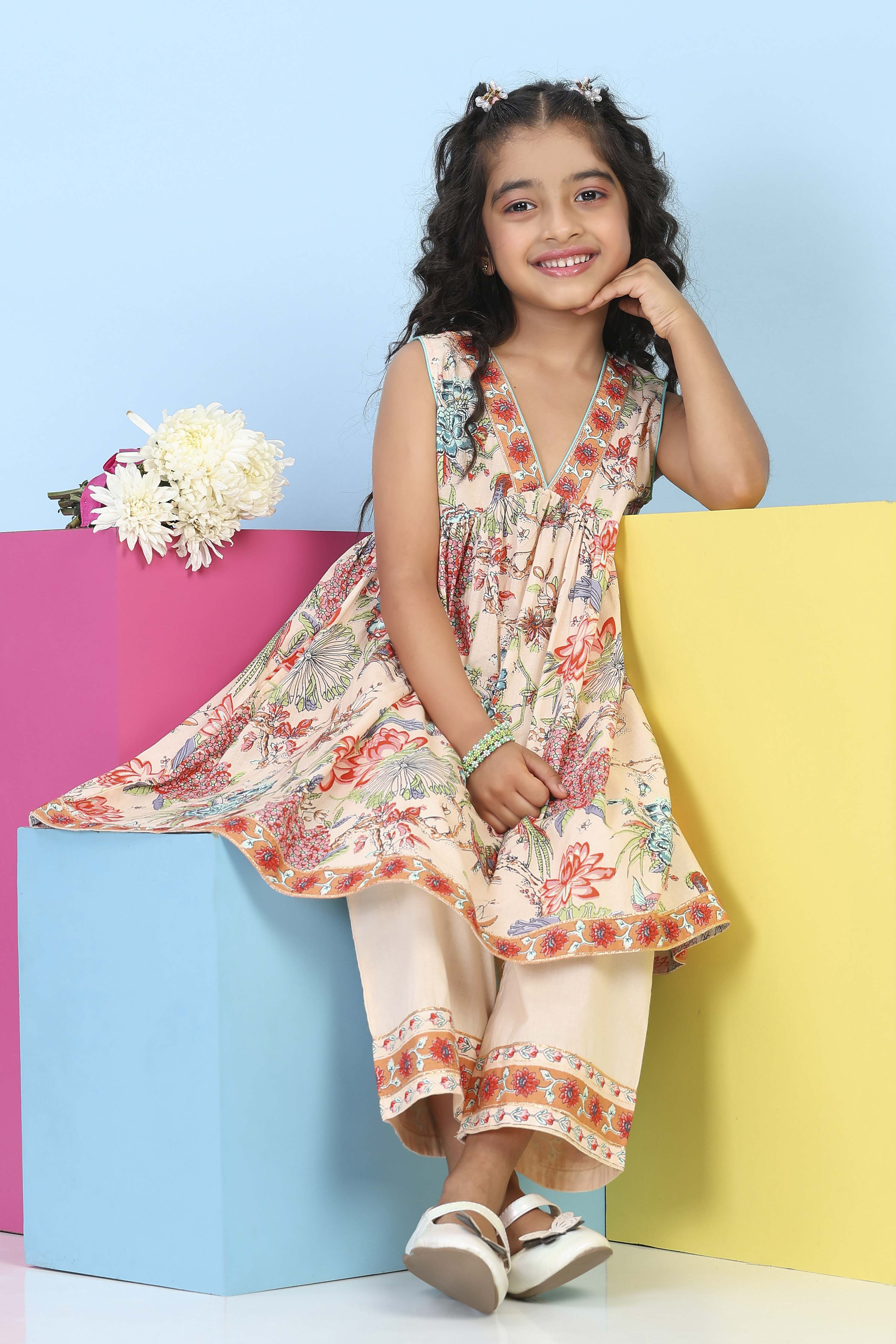 Beige Cotton Printed Gathered Suit Set image number 0