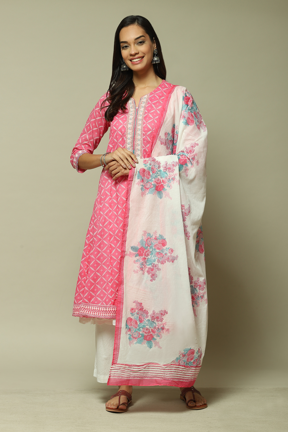 Pink Cotton Anarkali Kurta Palazzo Suit Set image number 5