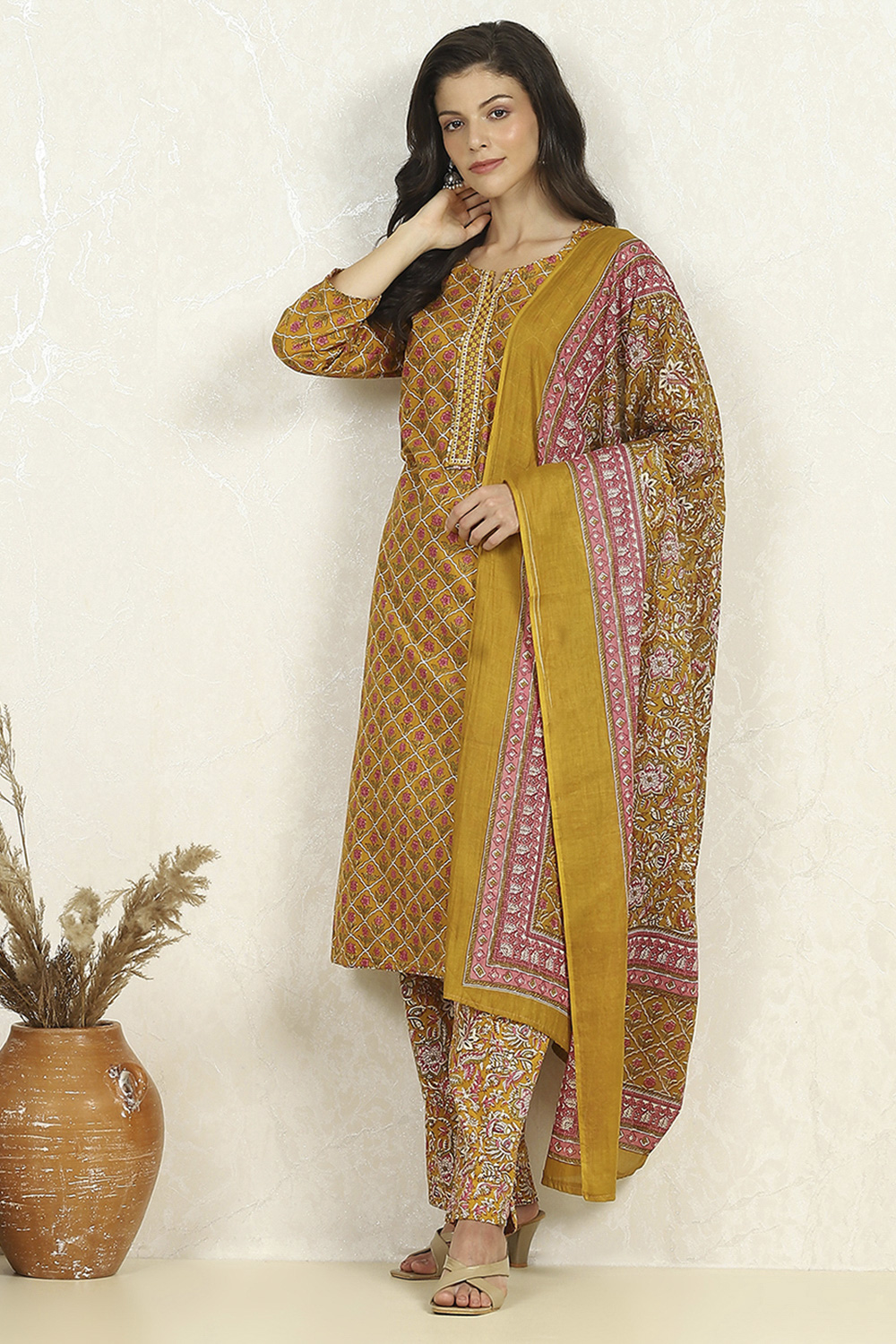 Blue Cotton Unstitched Suit Set image number 1