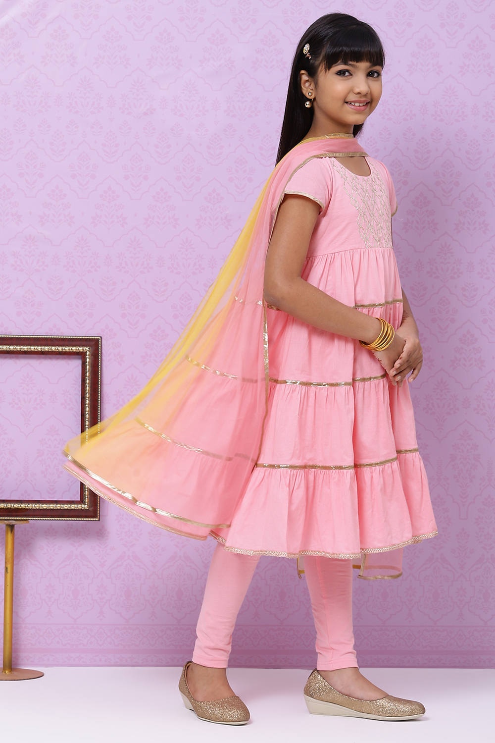 Onion Pink Cotton Girls Flared Kurta Churidar Suit Set image number 6