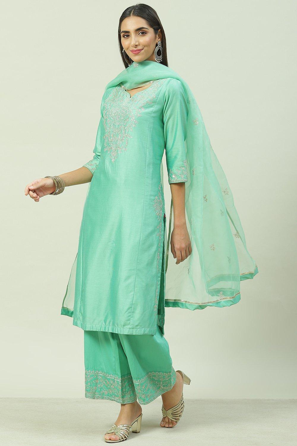 Sea Green Cotton Silk A-Line Kurta Palazzo Suit Set image number 5