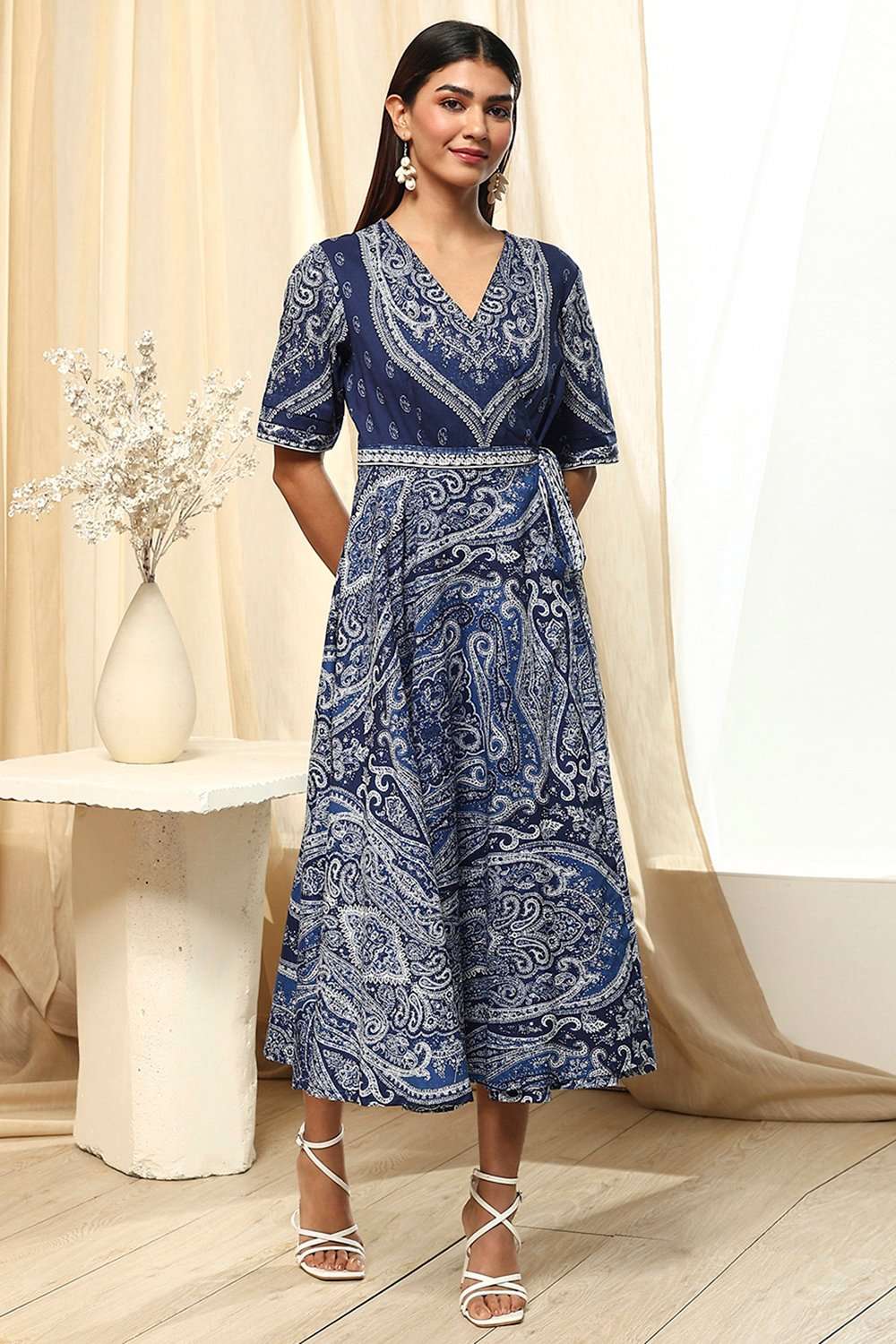 Indigo Cotton Printed Flared Wrap Dress image number 5