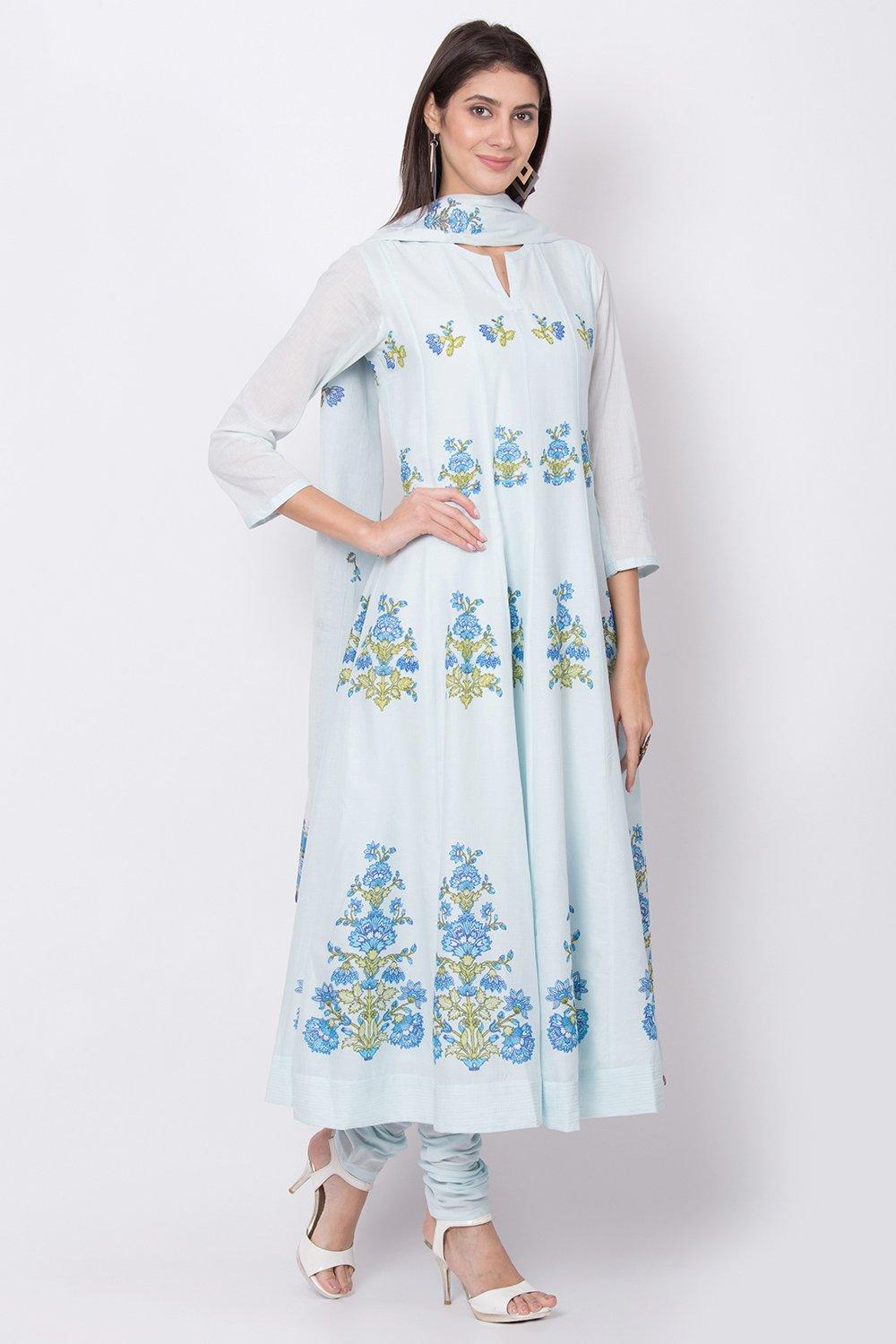 Ice Blue Straight Kurta Churidar Suit Set image number 3