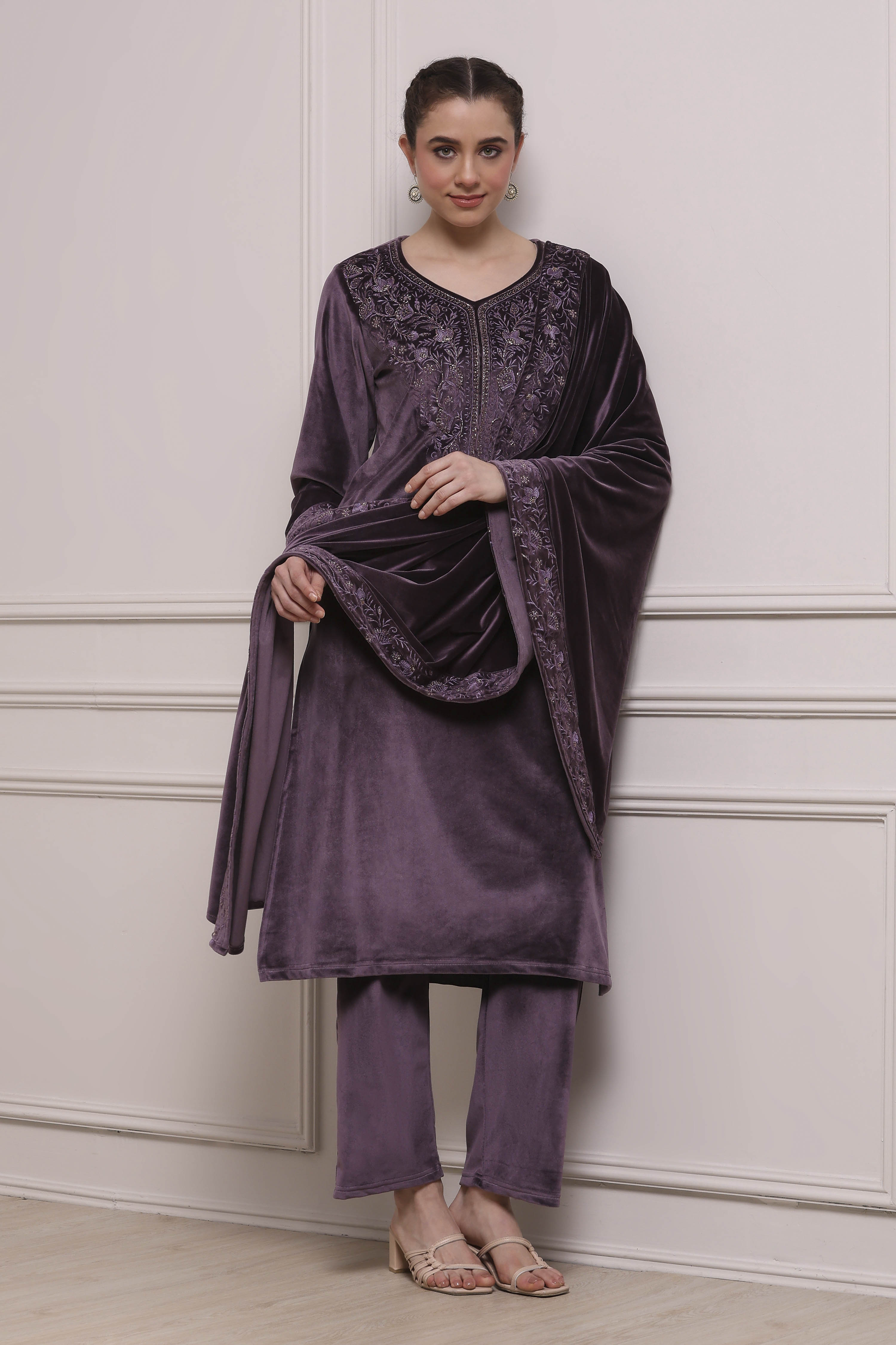 Lavender Polyester Straight Dyed Suit Set image number 0