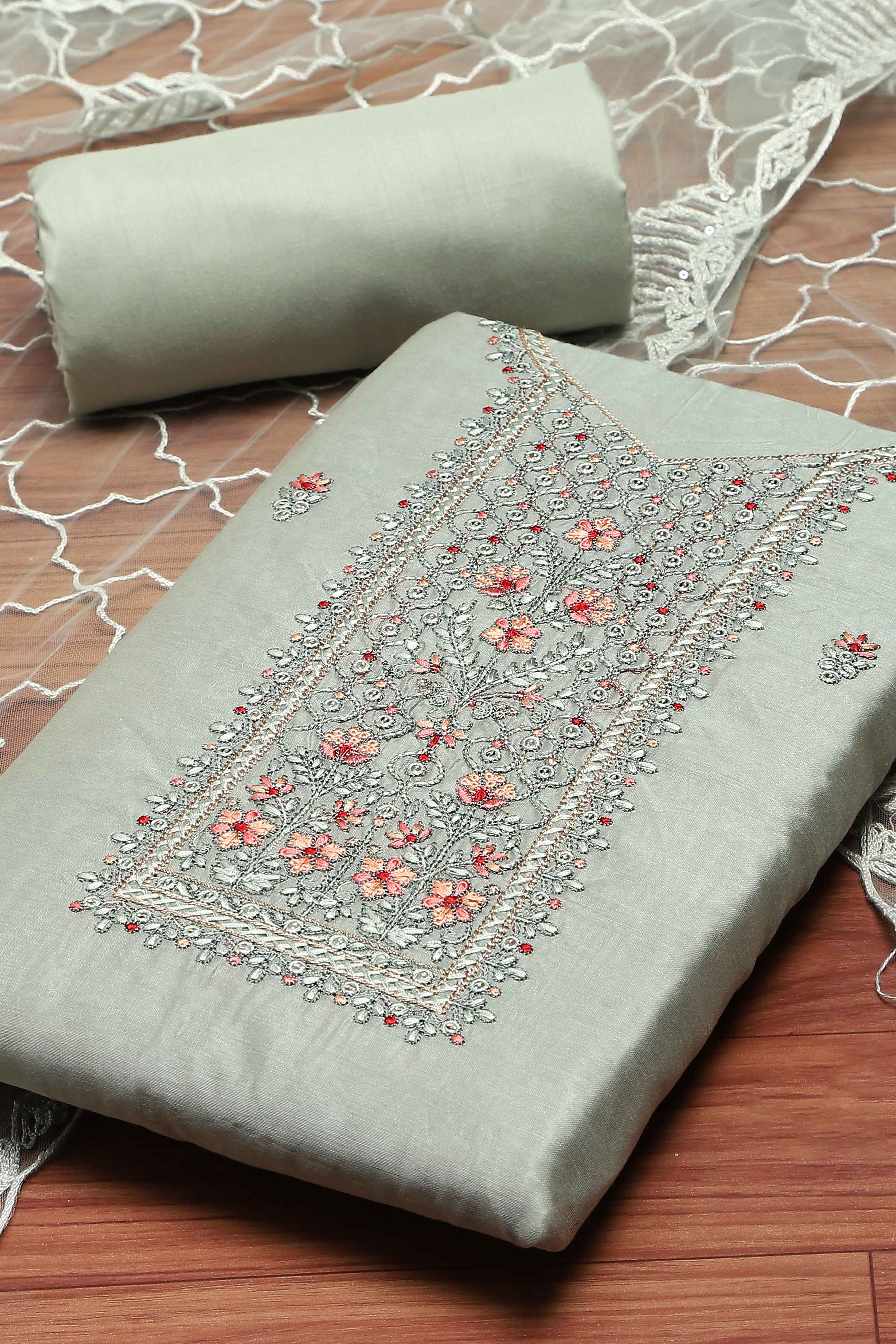 Beige Chanderi  Embroidered Unstitched Suit Set image number 1