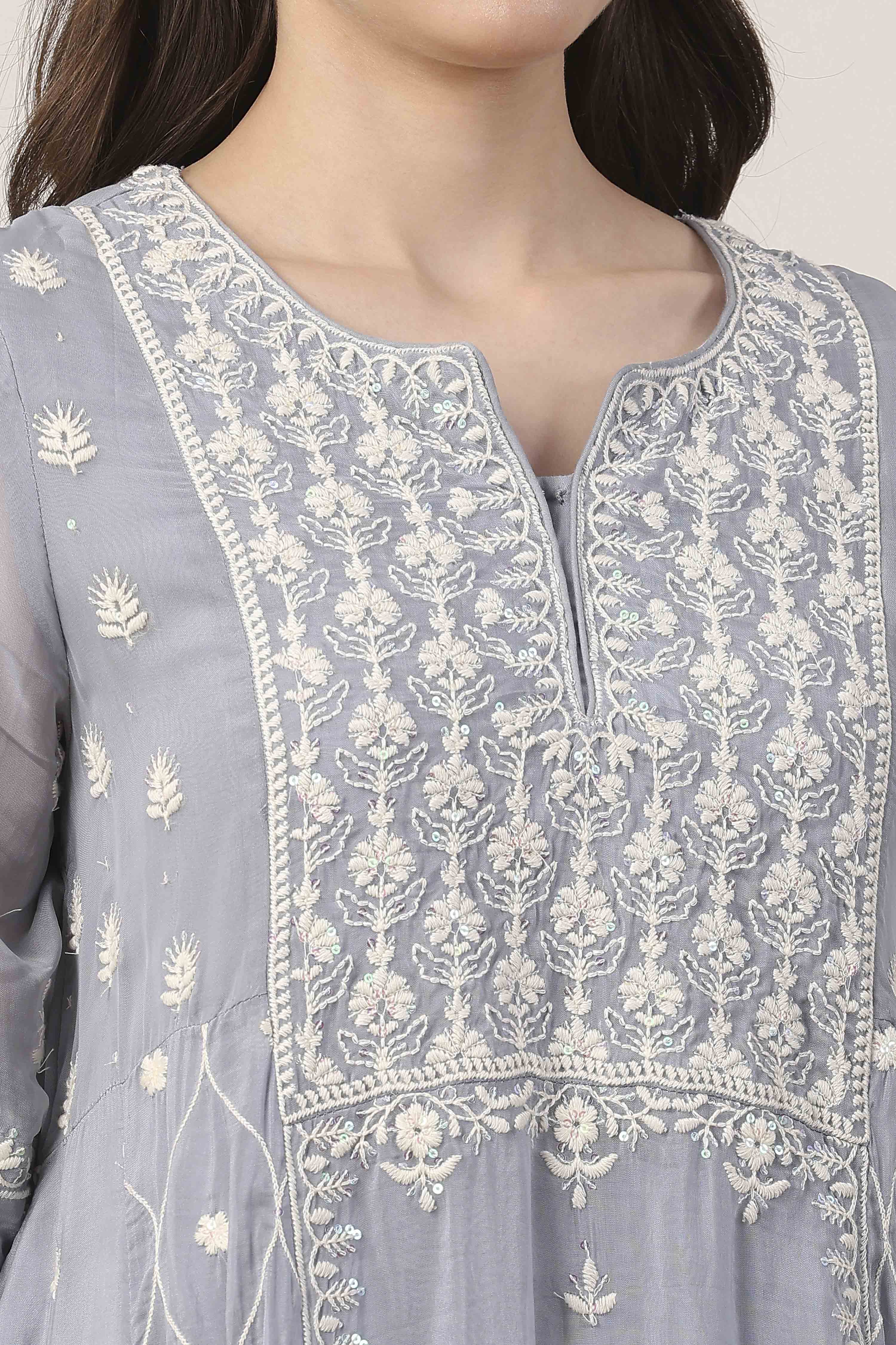 Blue Viscose Organza Floral Embroidered Kalidar Suit Set image number 1