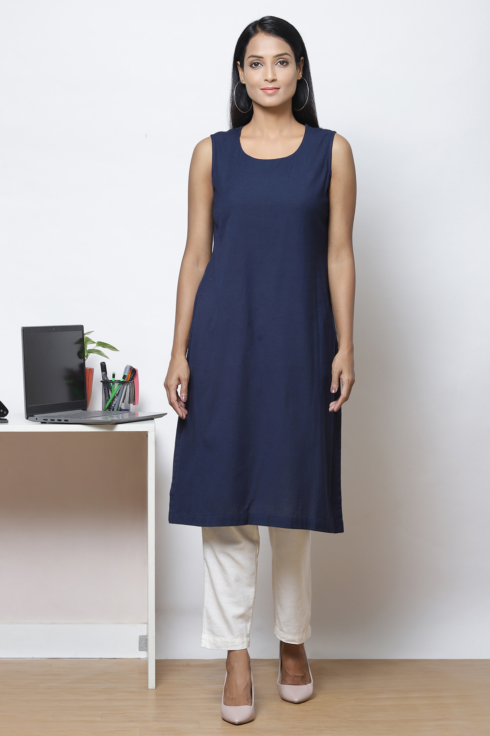 Buy Indigo LIVA Printed Kurta with Jacket Jacket Inner for