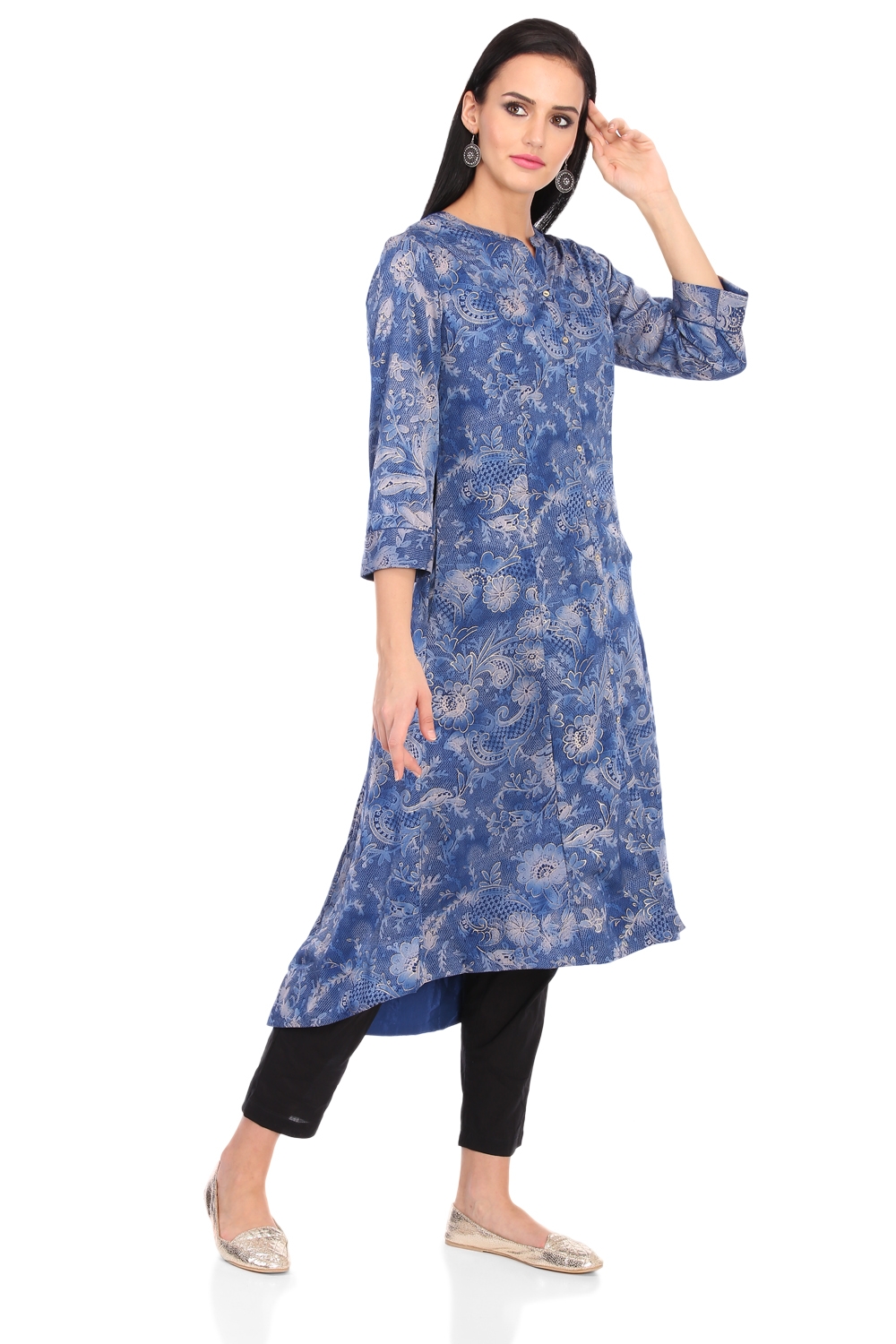 Blue A-Line Art Silk Printed Kurta image number 2