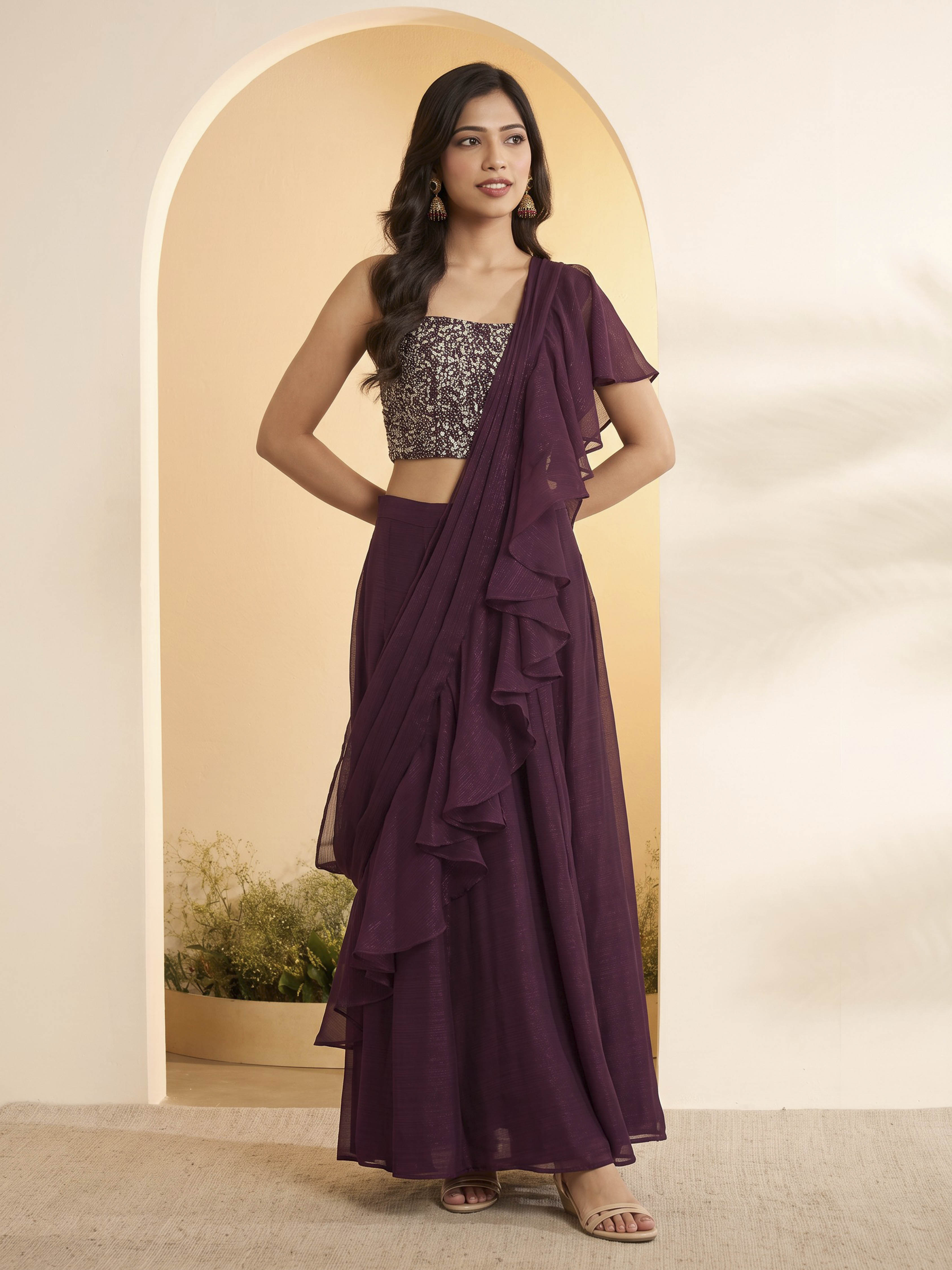 Wine Nylon Gathered Saree image number 5