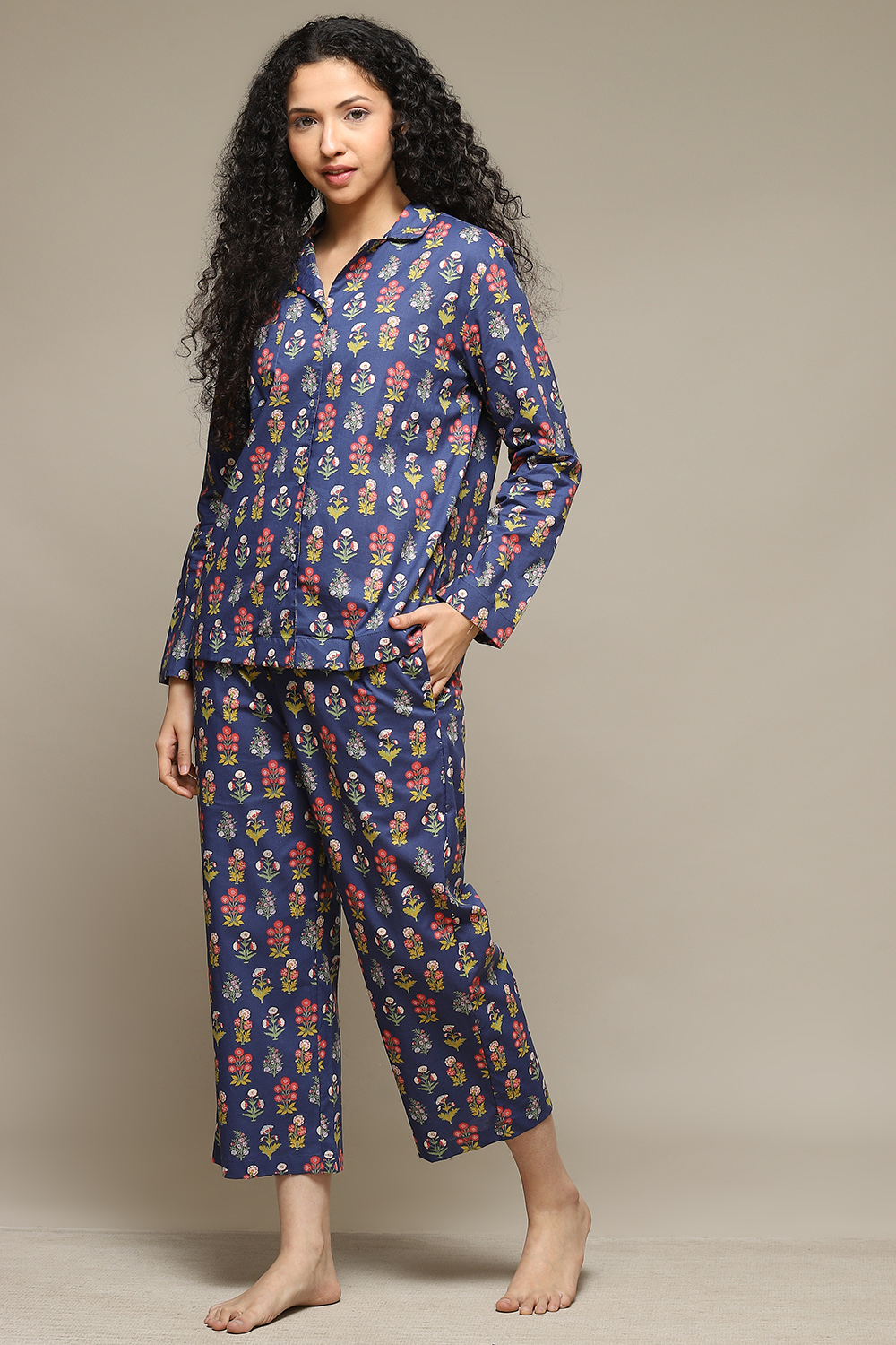 Navy Cotton Printed 2 Piece Sleepwear Set image number 3