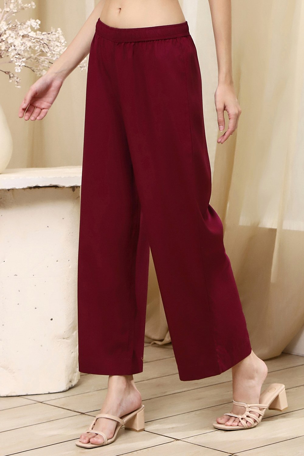 Berry Maroon Solid Straight Palazzos image number 2