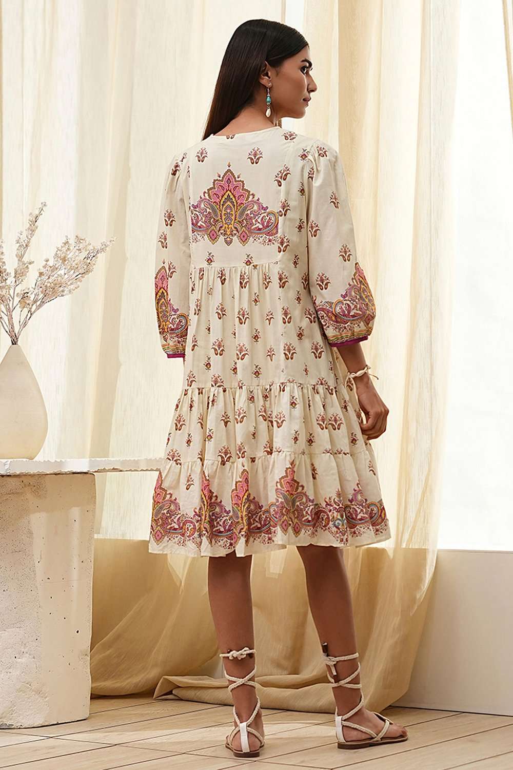 Beige Cotton Printed Tiered Dress image number 3