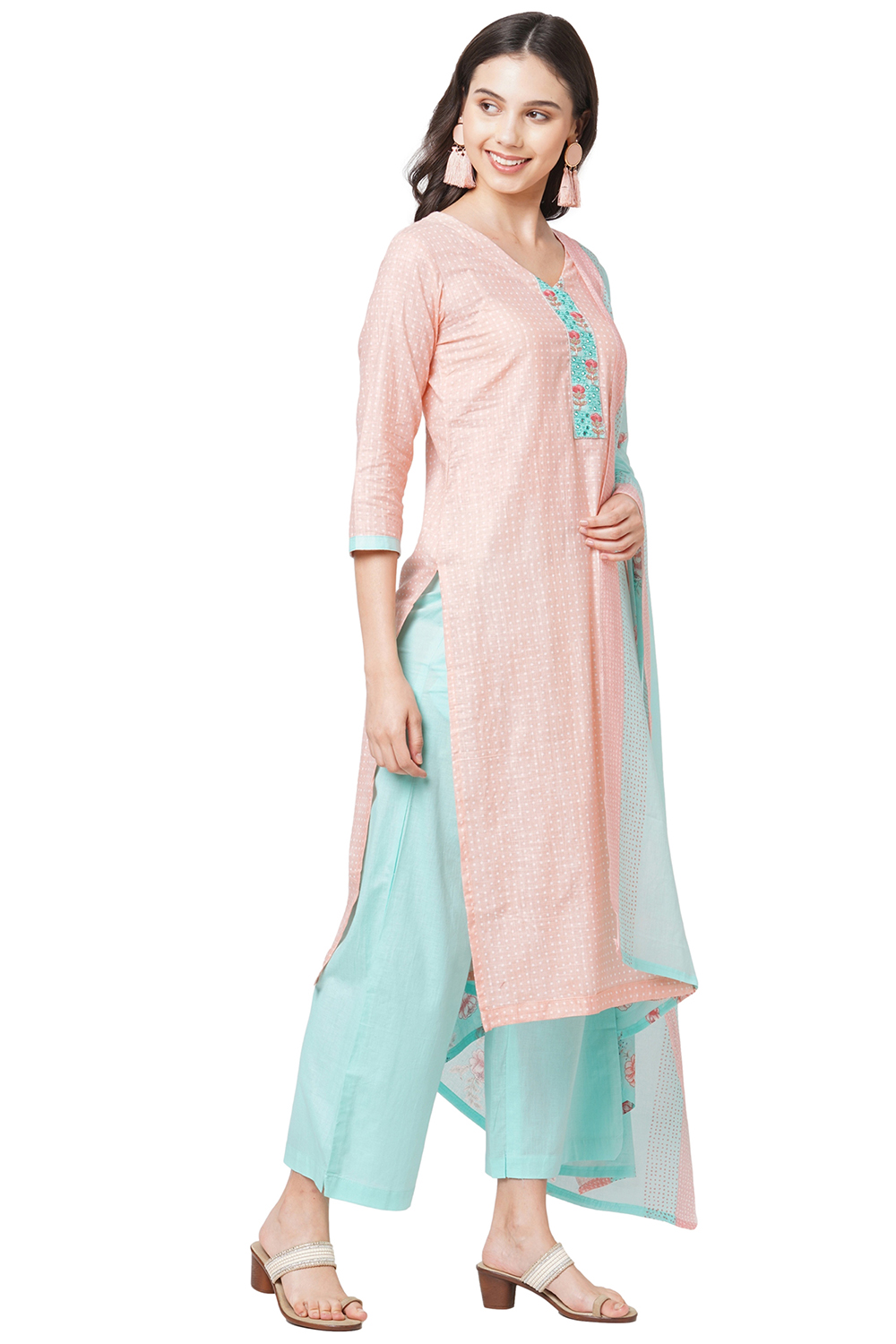 Pink Cotton Screen Print Unstitched Suit Set image number 4