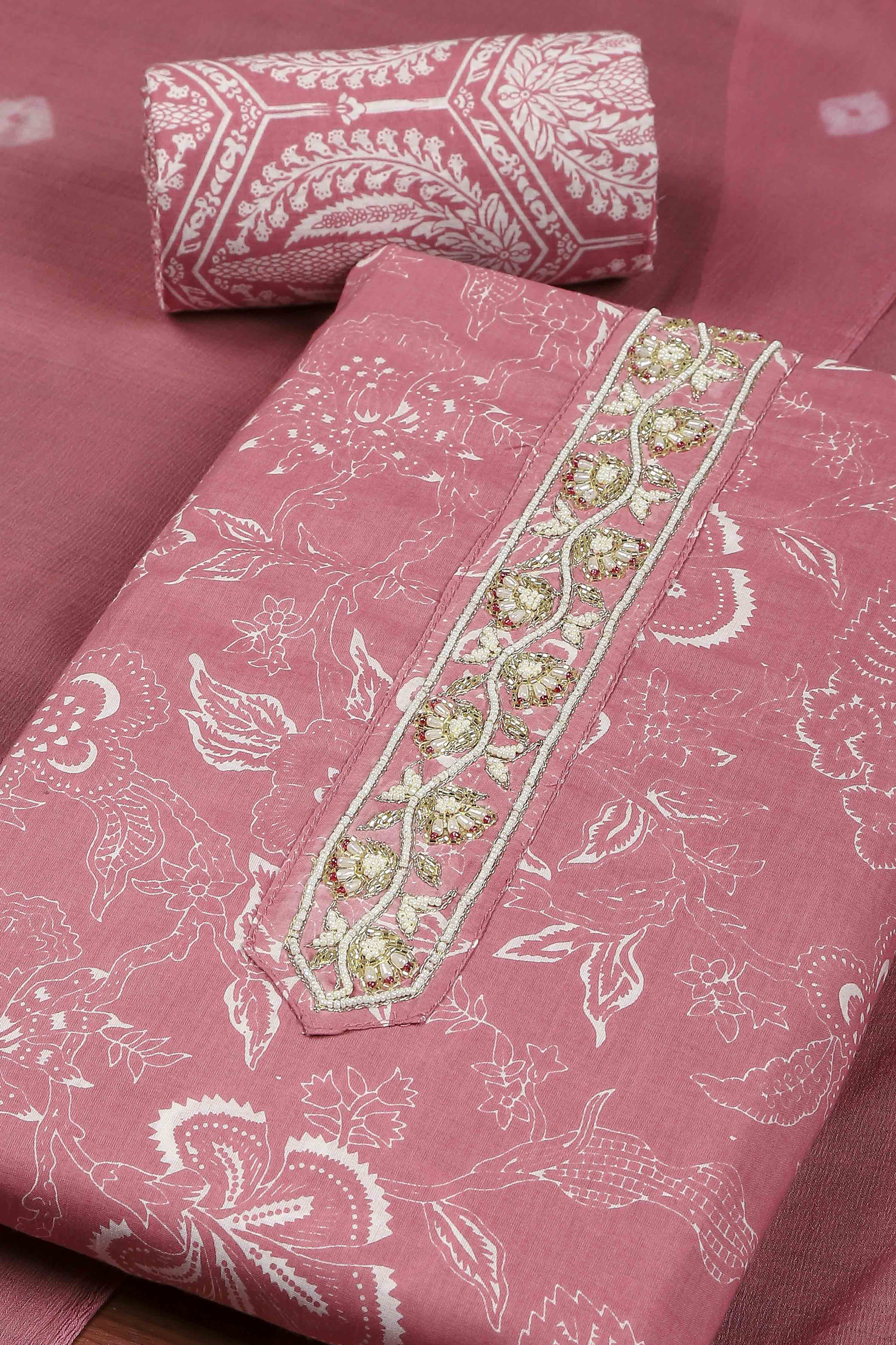 Pink Cotton Printed Embroidered Unstitched Suit Set image number 1