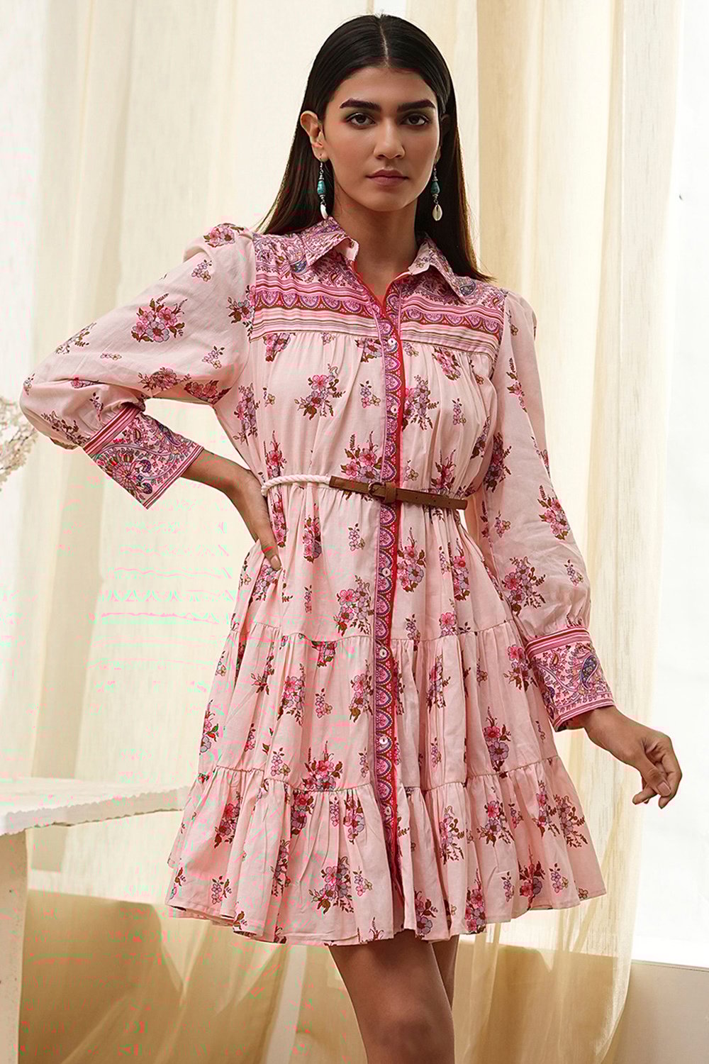 Peach-Colored Cotton  Floral Tiered Dress image number 0