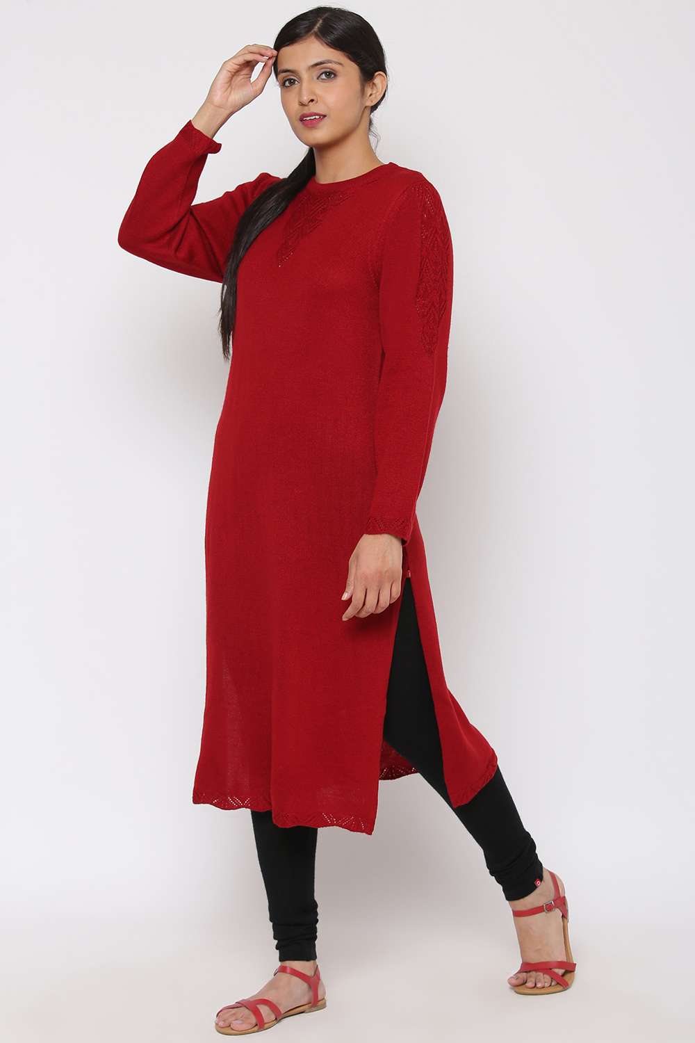 Red Straight Woolen Yarndyed Kurta image number 2