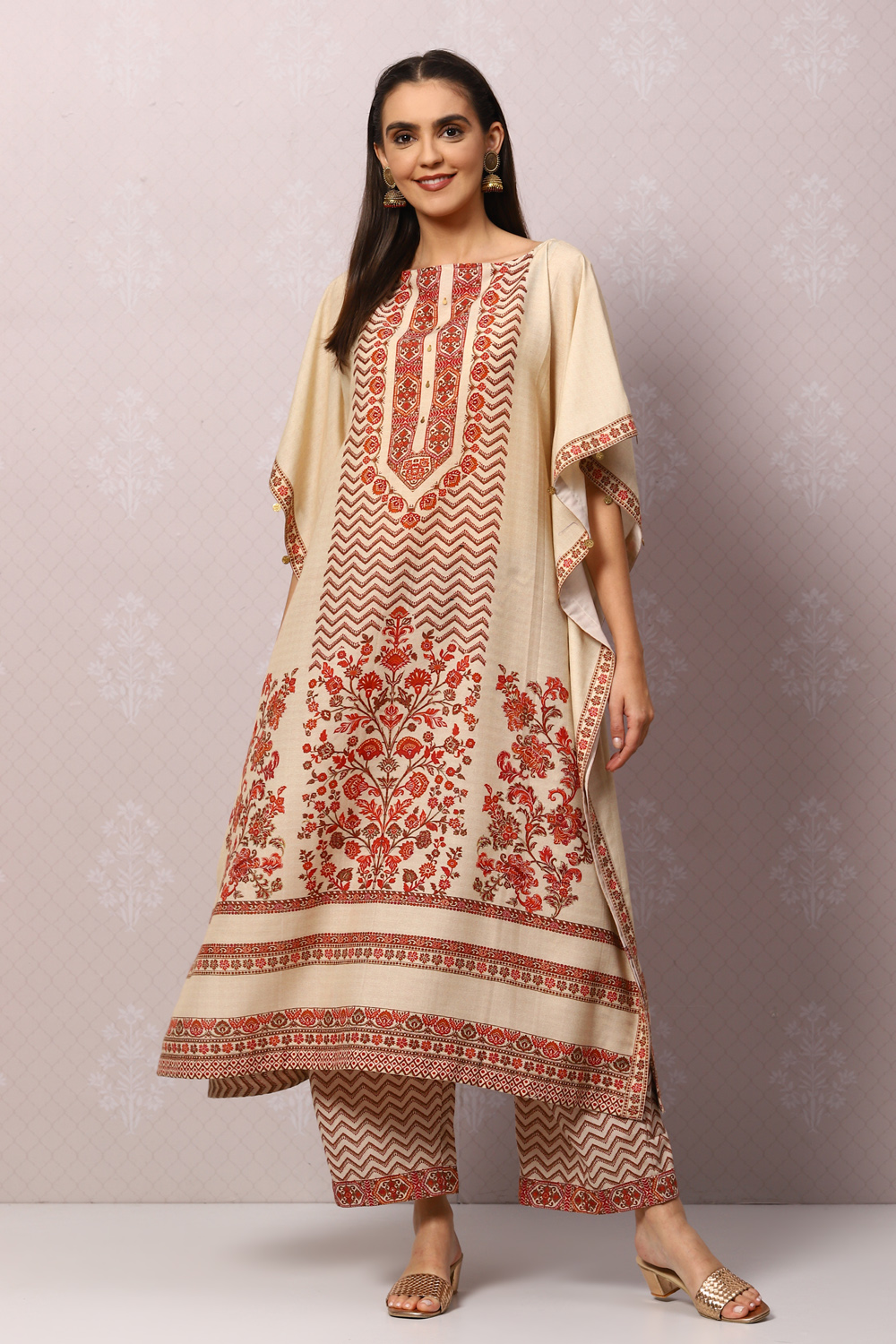 Black Art Silk Kaftan Kurta Palazzo Suit Set image number 0