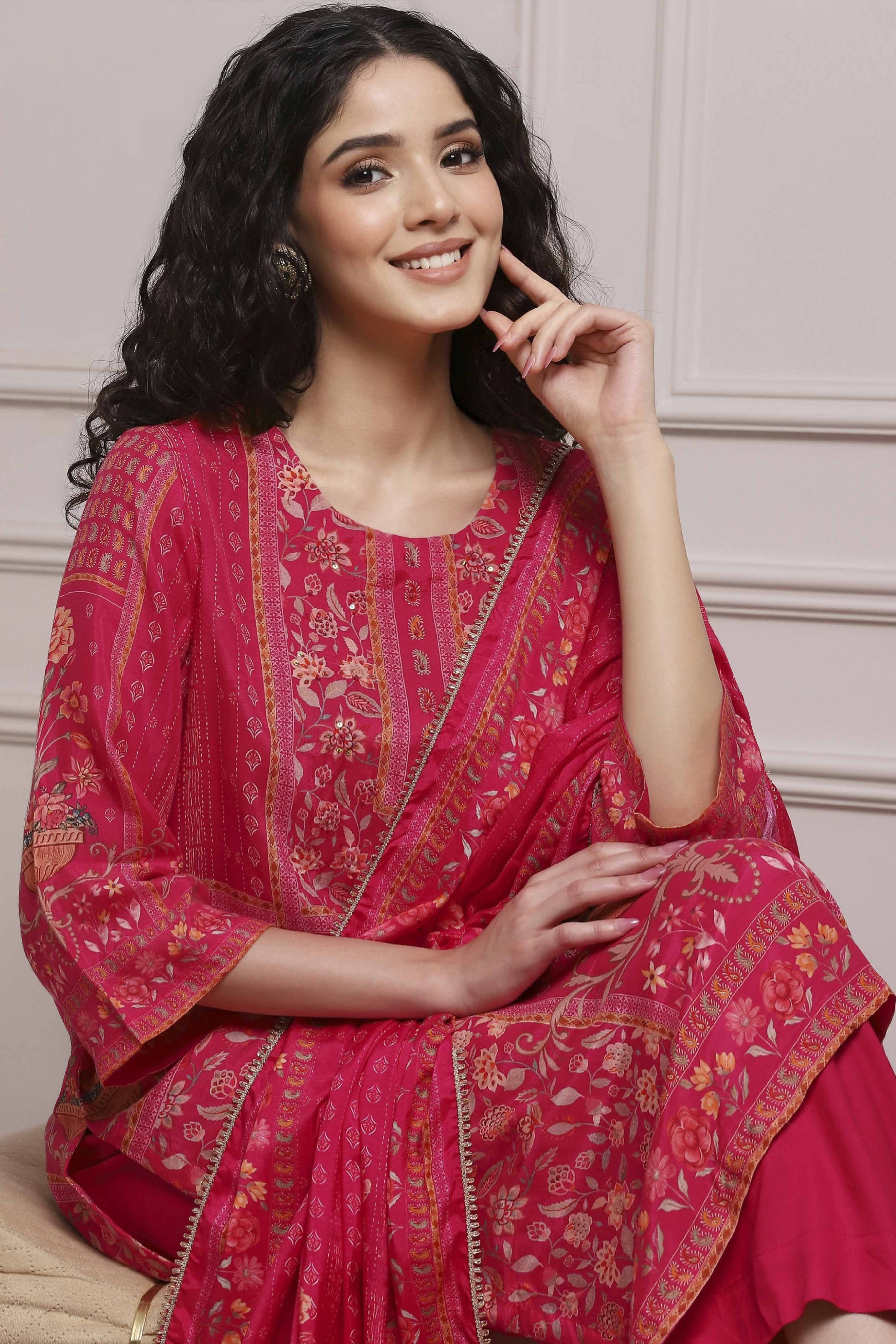 Pink Viscose Rayon Straight Printed Suit Set image number 7