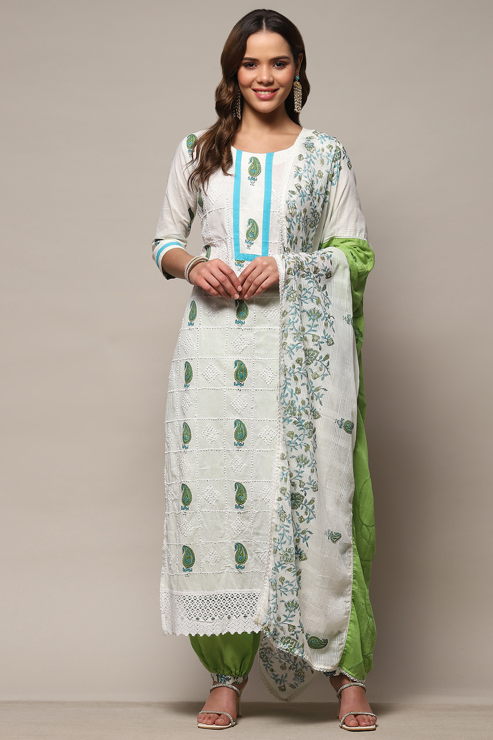 White Green Cotton Unstitched Suit set image number 8