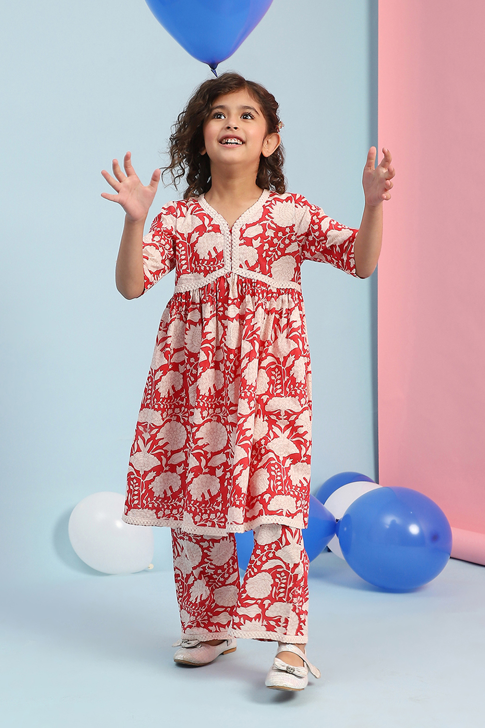 Pink Cotton Printed Gathered Suit Set image number 1