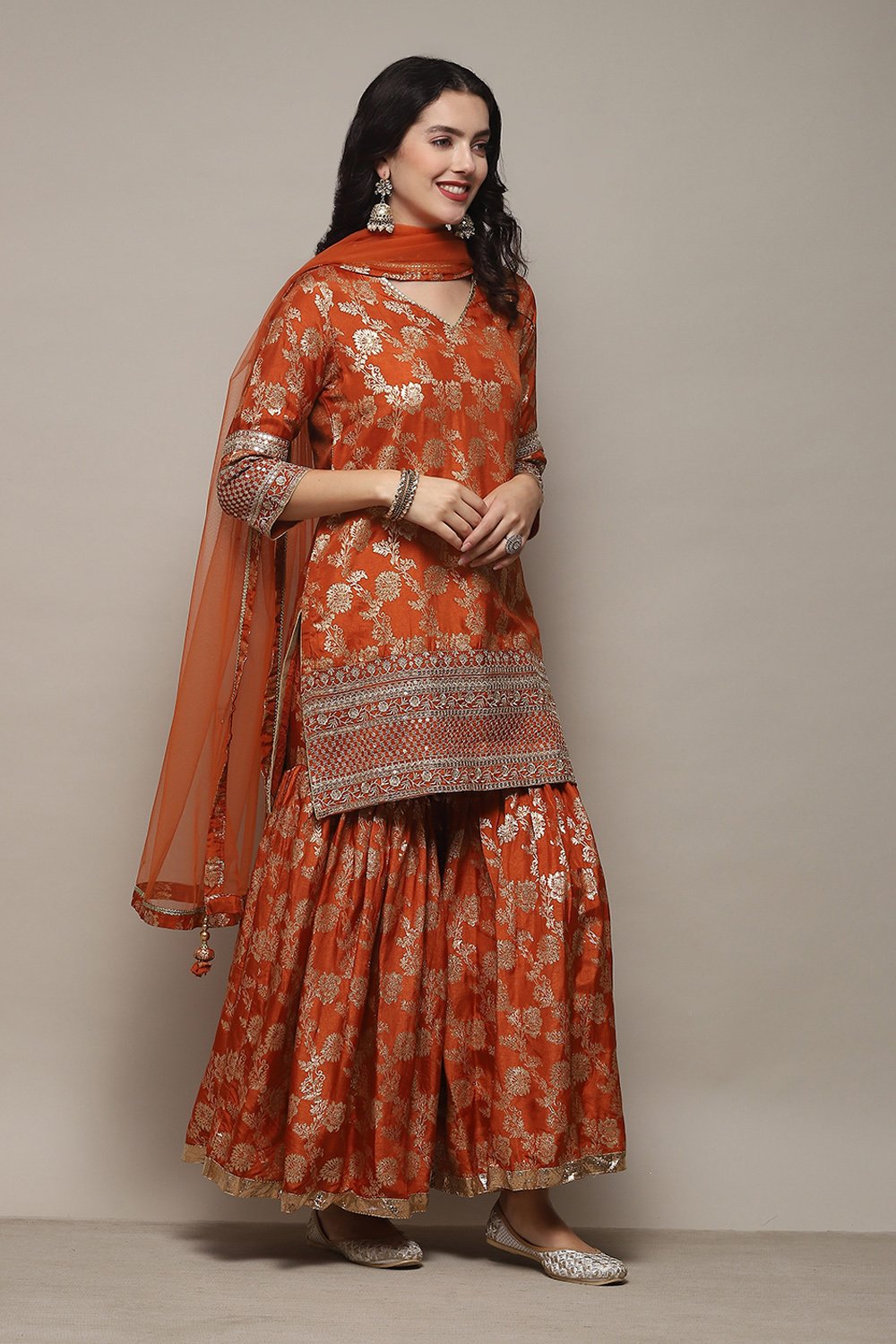 Rust Silk Blend Straight Yarndyed Kurta Palazzo Suit Set image number 6