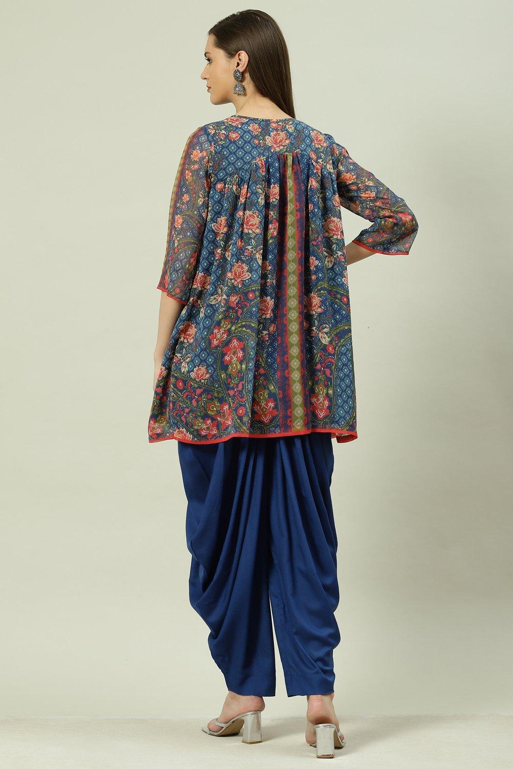 Blue & Navy Blue Printed Gathered Suit Set image number 4