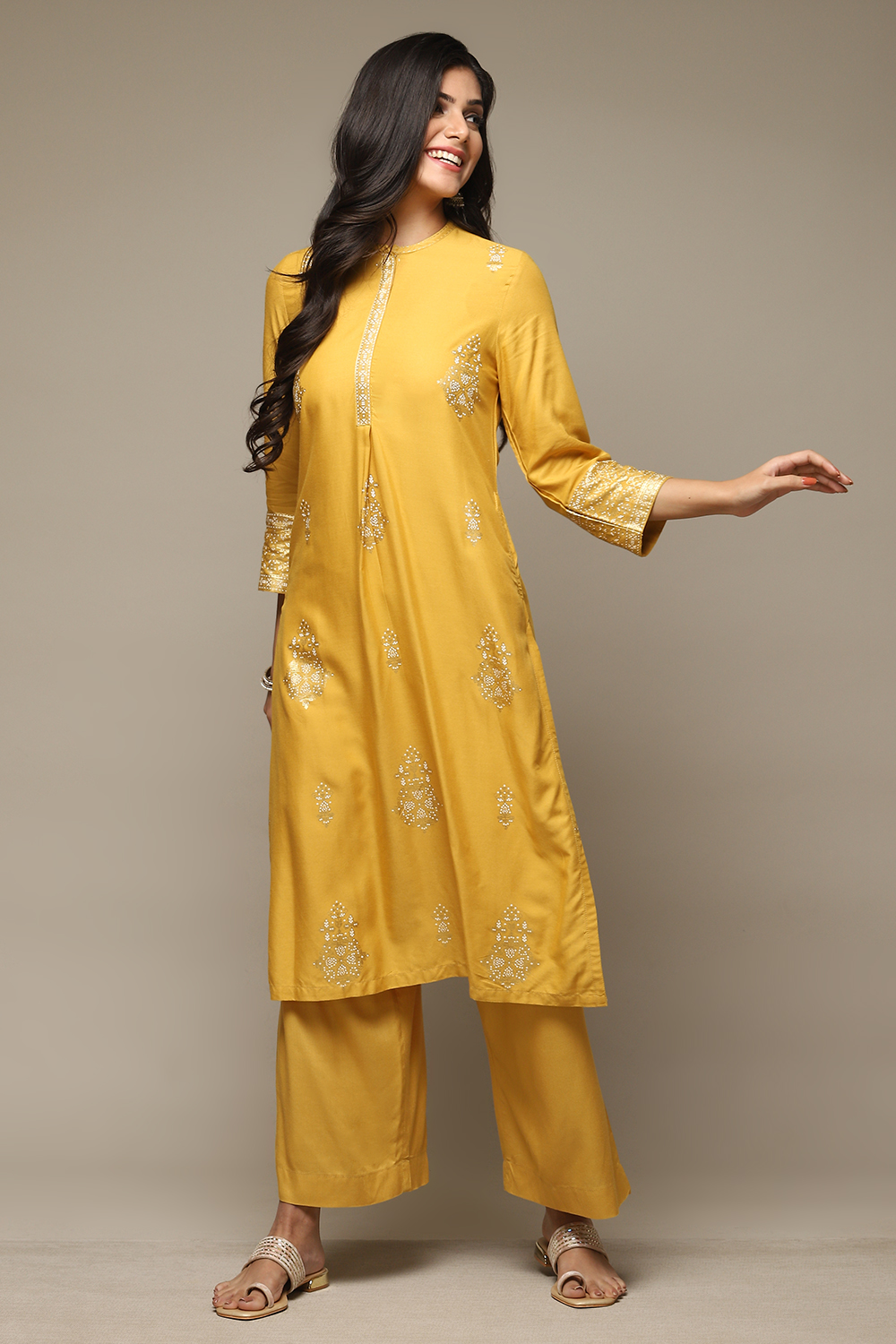 Yellow Rayon Straight Kurta Palazzo 2 Piece Set image number 0