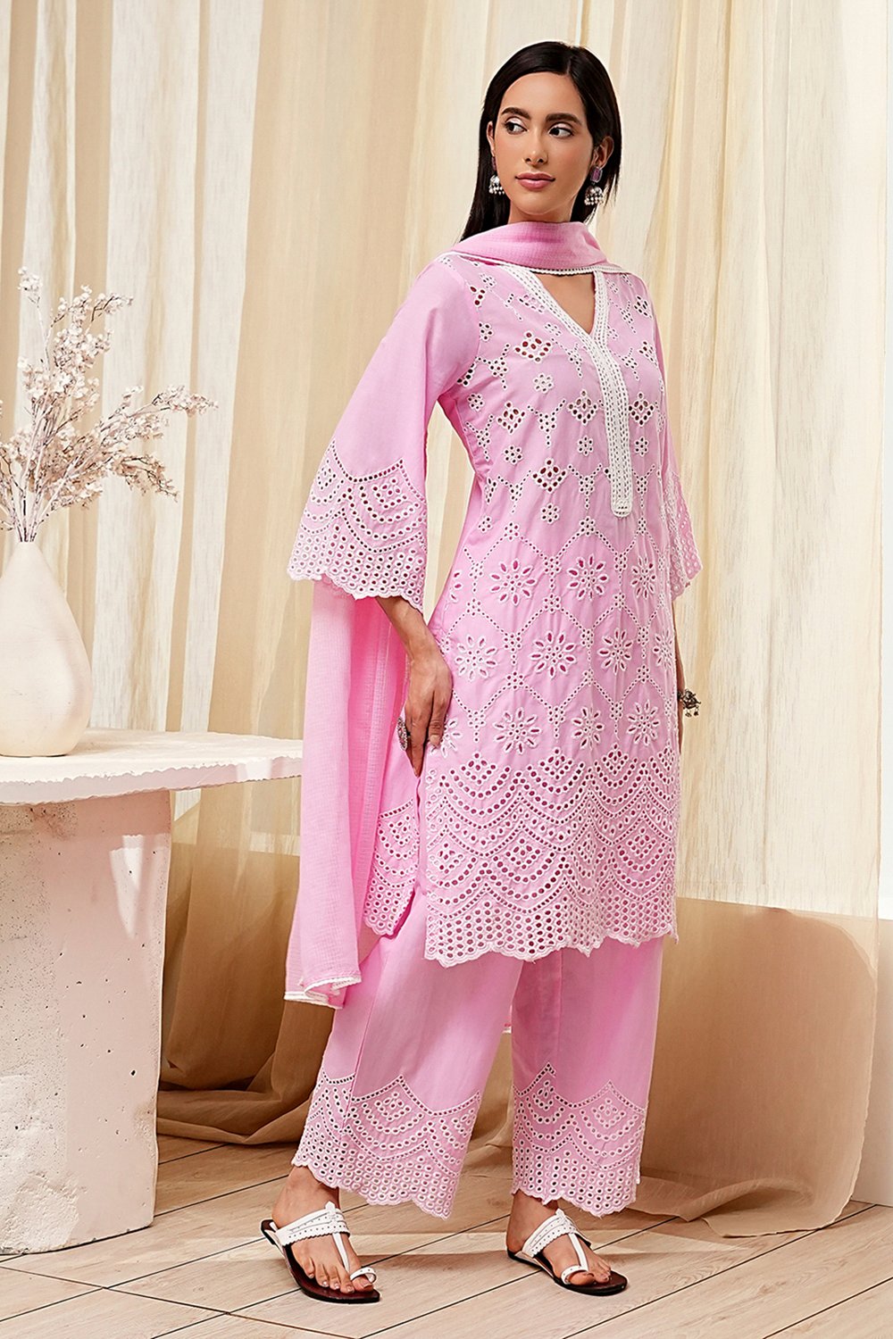 Pink Cotton Schiffli Straight Suit Set image number 5