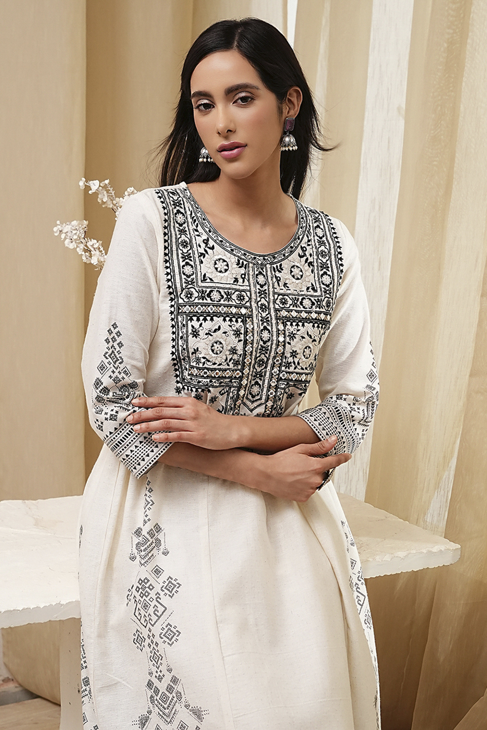 White and Black Cotton Gathered Kurta Set image number 1