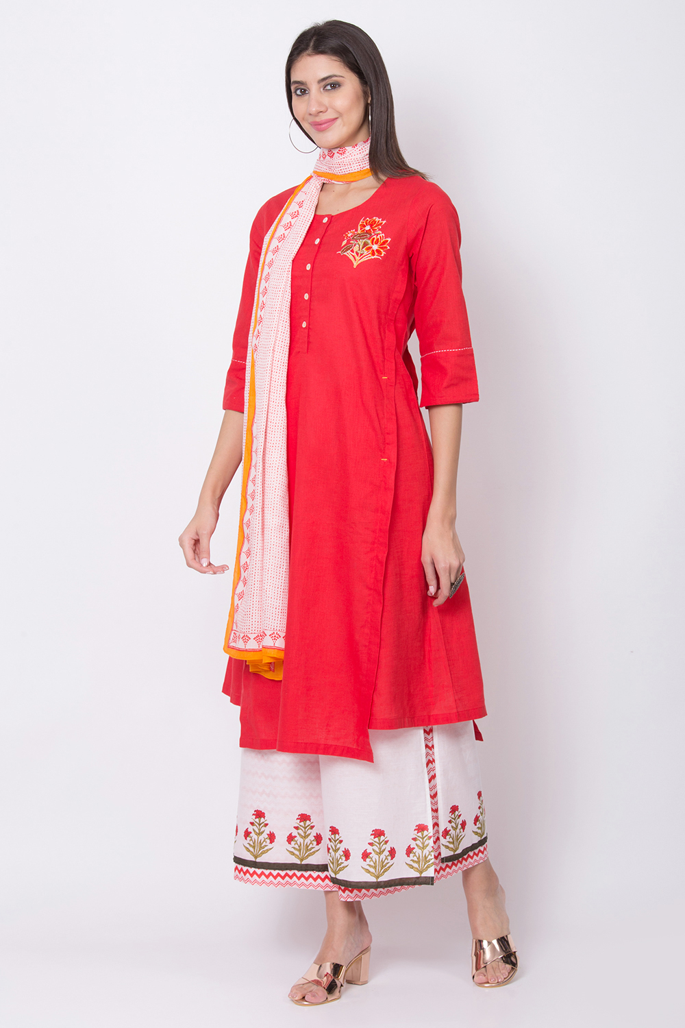 Red Cotton A-Line Kurta Palazzo Suit Set image number 2